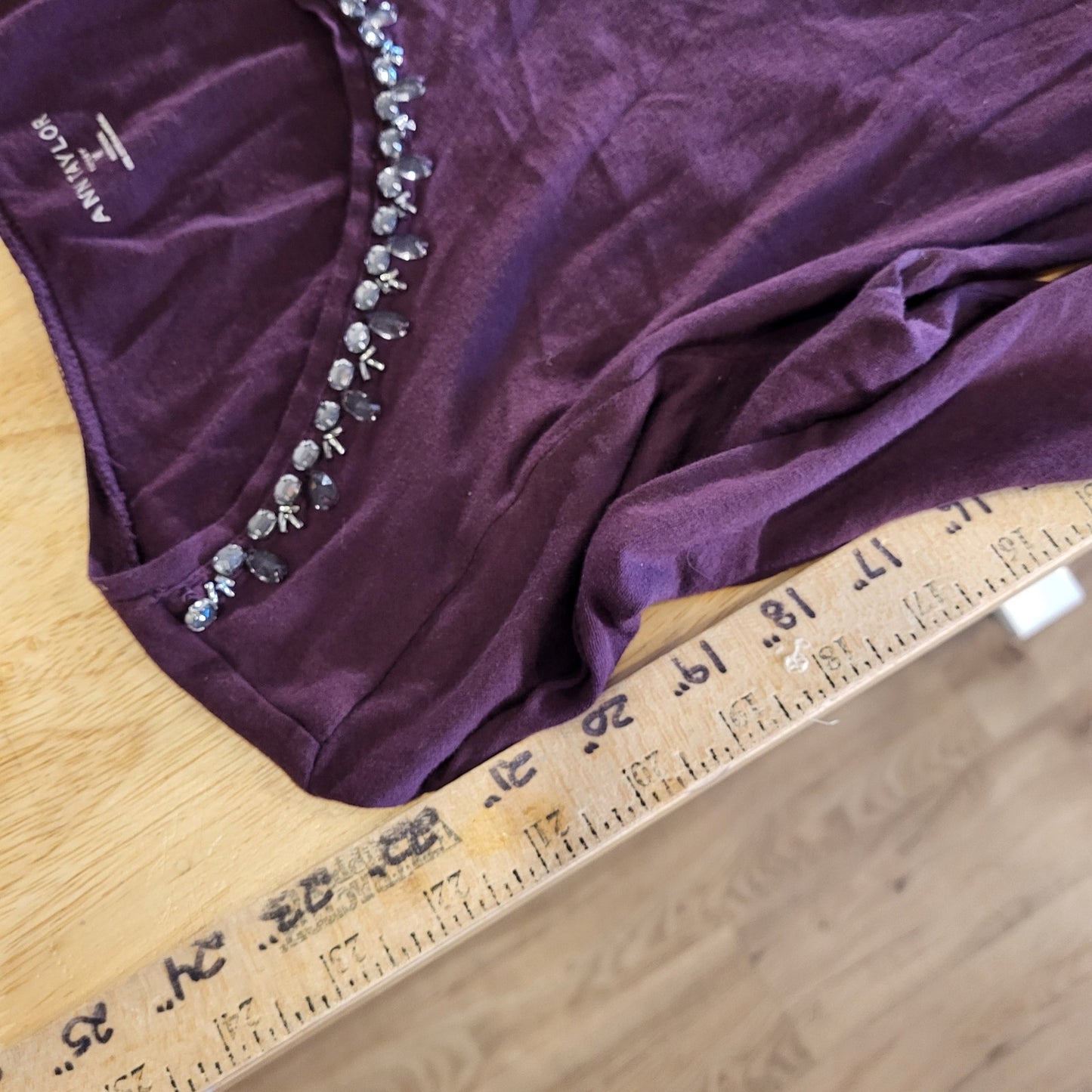 Ann Taylor Jersey Knit Eggplant Purple Embellished Rhinestone Neckline Medium