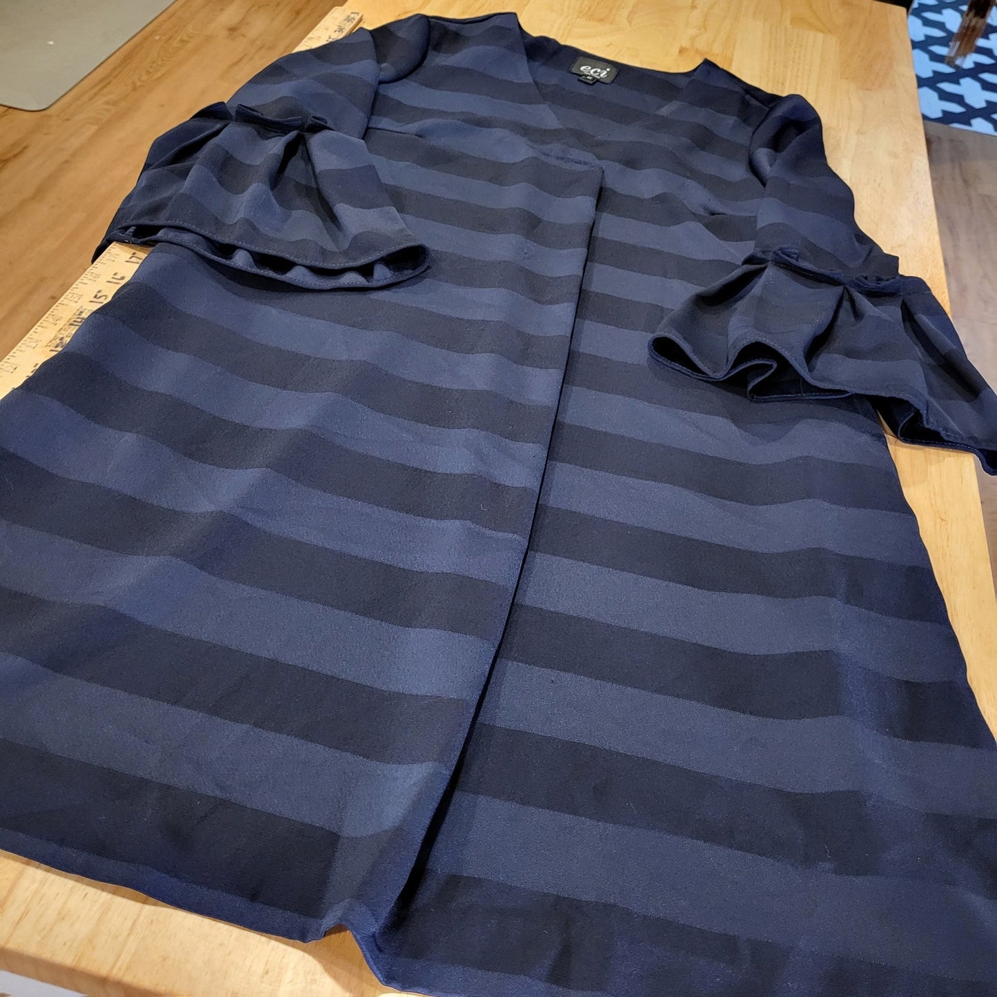 Eci New York Satin Blue Striped Knee Length Dress Pockets 20" P2P Medium