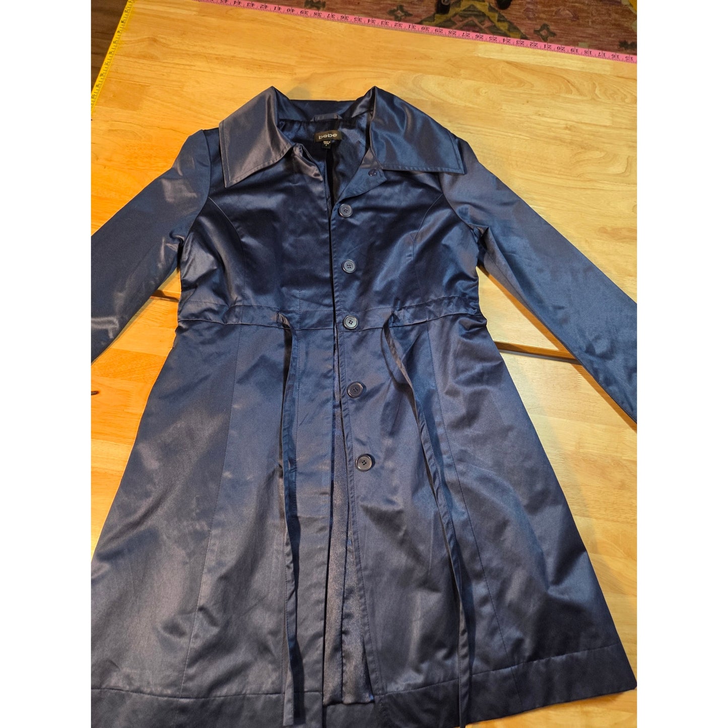 Bebe navy blue double breasted wide collar knee length Overcoat satin size sml