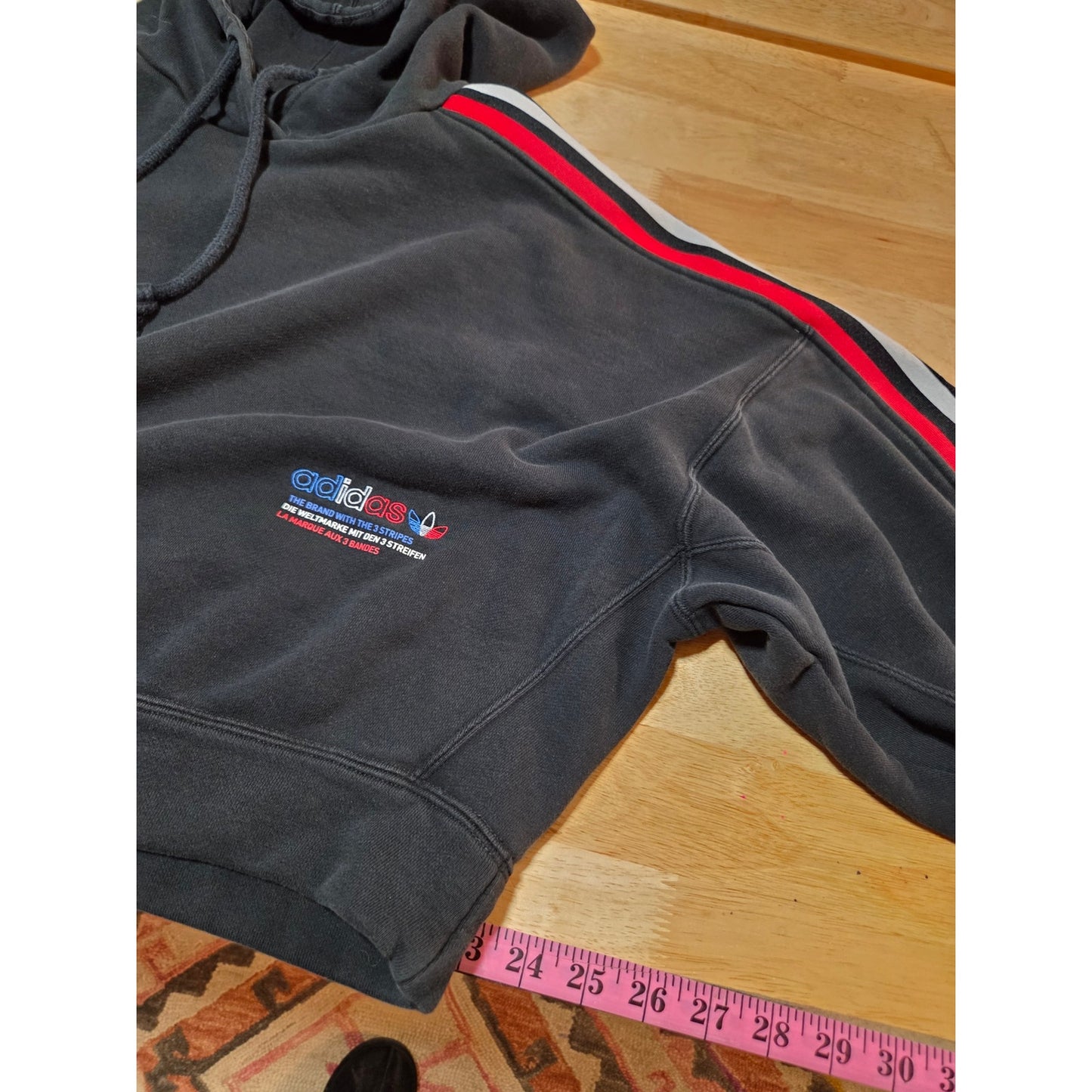 Adidas Originals navy blue cropped hoodie red white and blue logo embroidery L