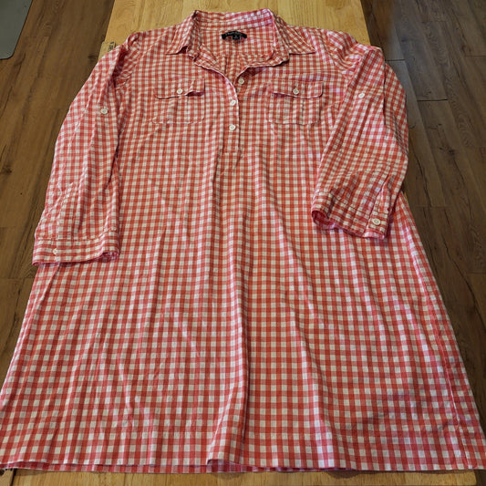 Chadwick's 100% Cotton Orange Gingham Midi Length Collared Shirt Dress