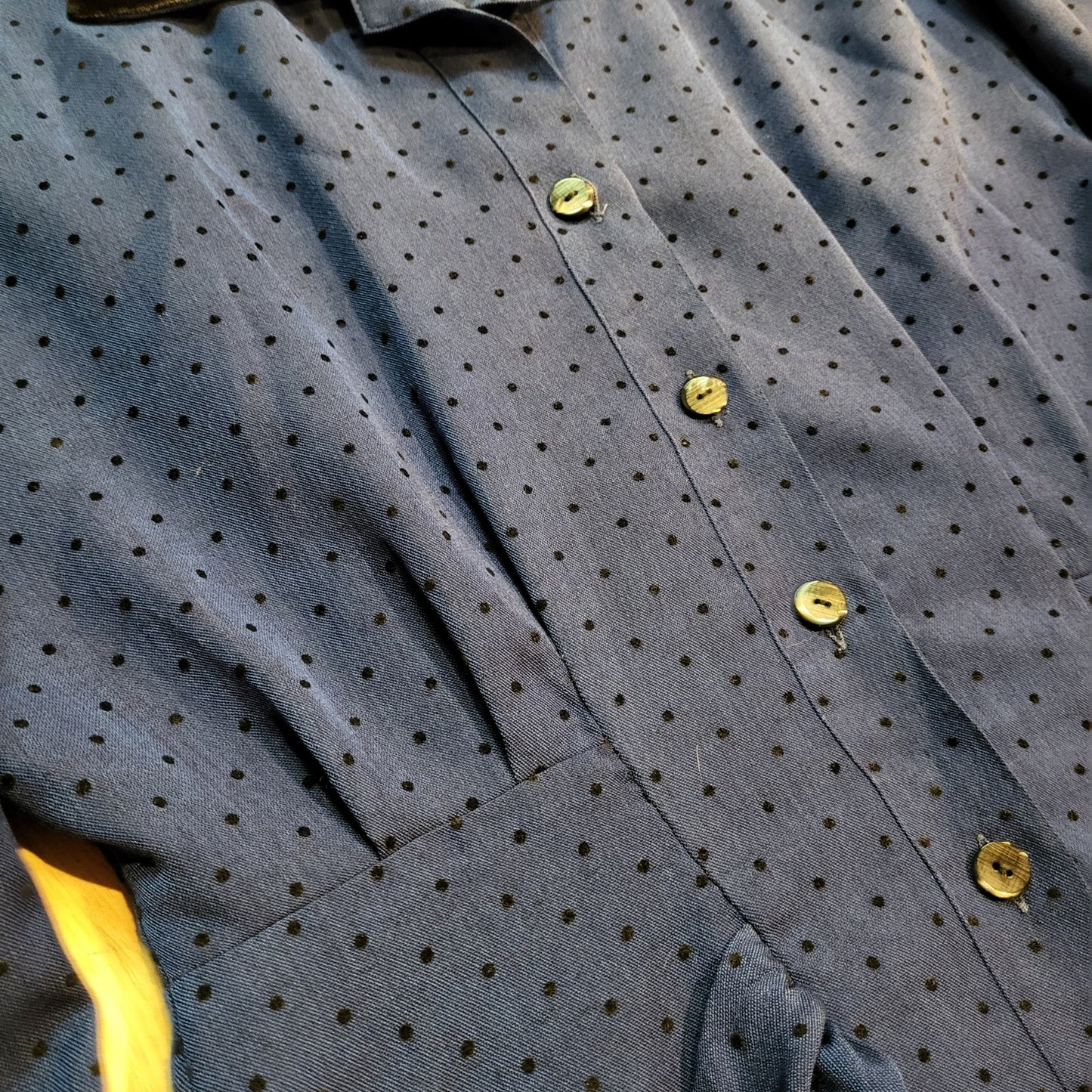 Vintage Blue Black Polka Dot Dress Pockets Collar Pencil Skirt Sprity Sz 38