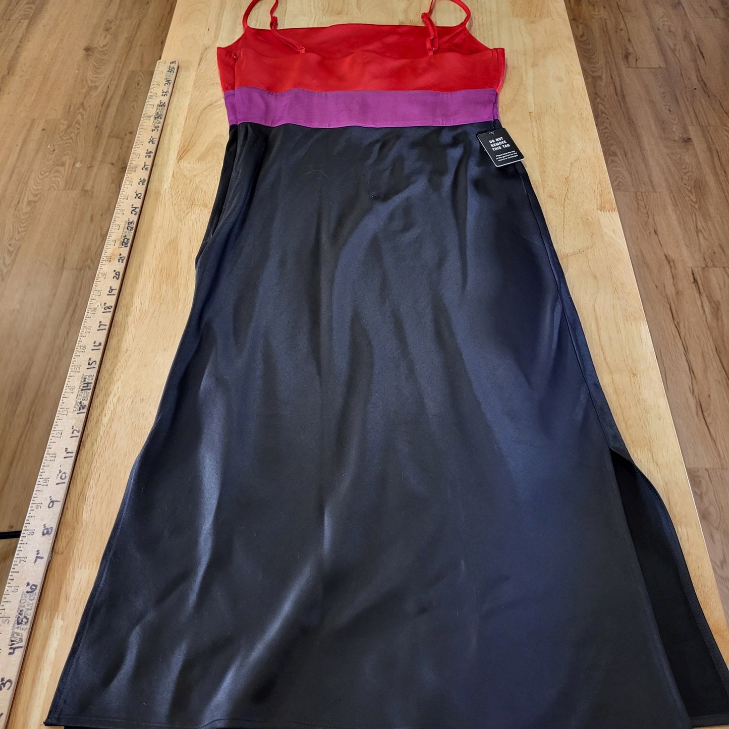 Express Color Block Satin Spaghetti Strap Red Pink & Black Midi Side Slit small