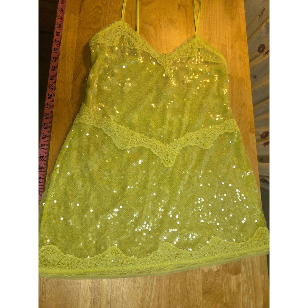 Viral Victoria's Secret lime green spaghetti strap sequin slip dress lace xl