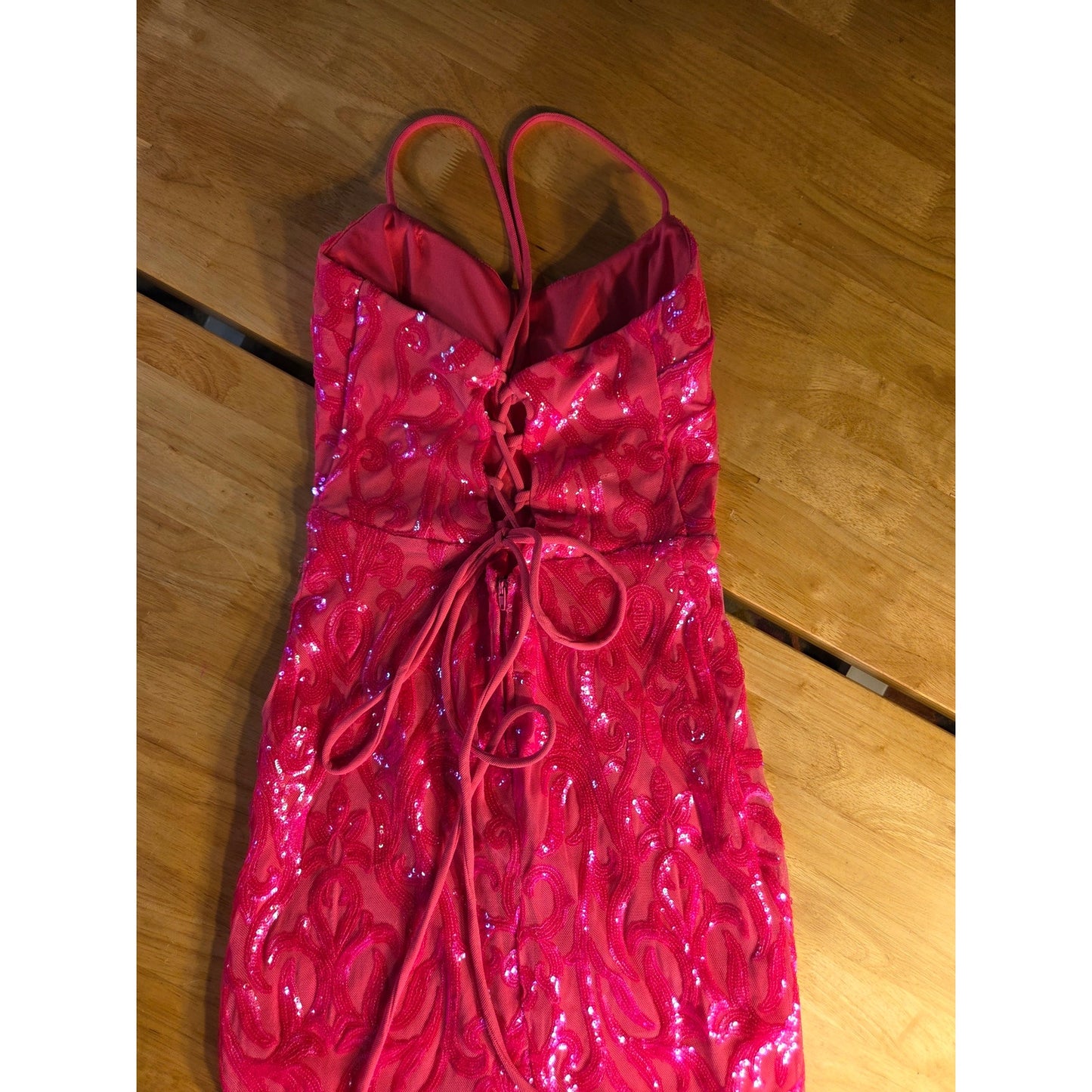 City Vibe neon pink bodycon spaghetti strap lace back dress stretch Mini 7