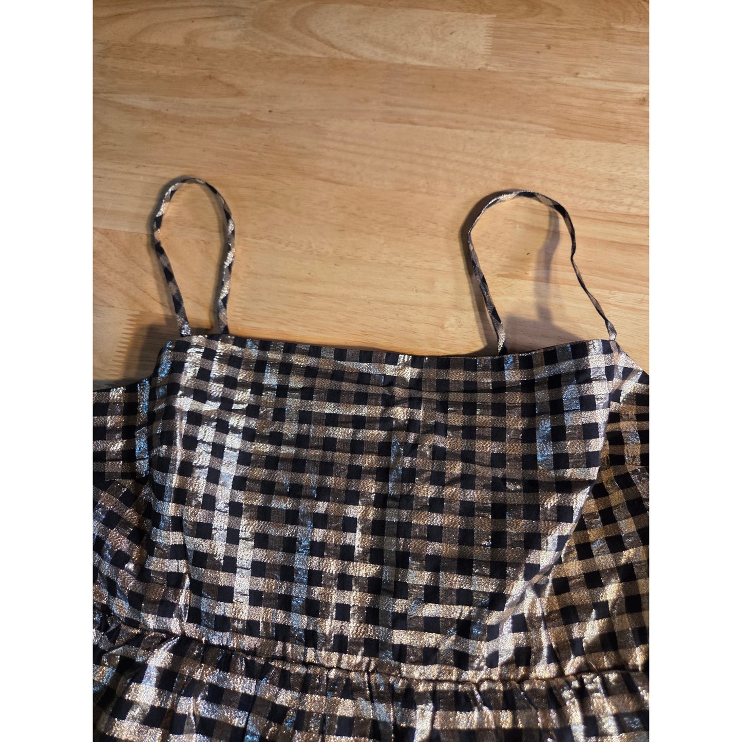 J. Crew Holiday Dress Gold Black Gingham Print Elastic Spaghetti Strap 8