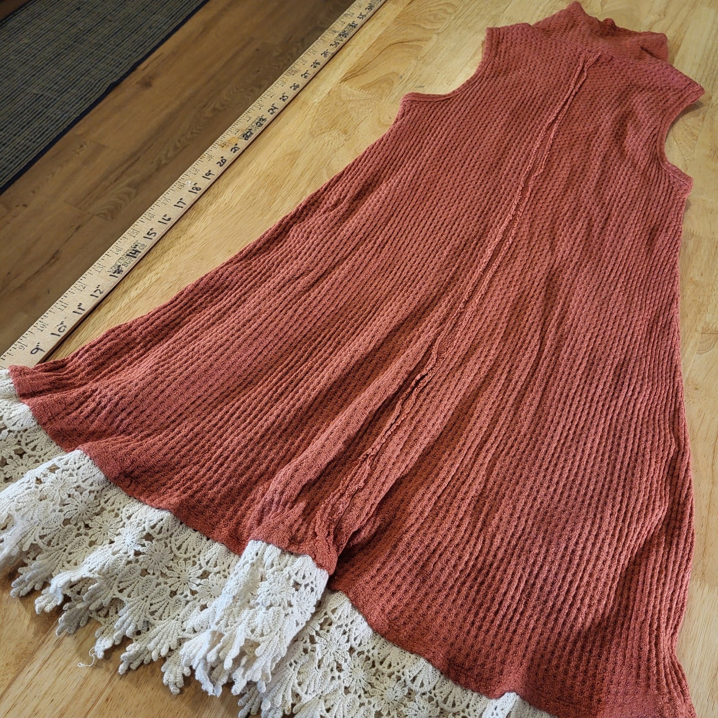 Altar'd State Waffle Knit Orange Rust Sleeveless Knee Turtle Neck Dress Lace Hem