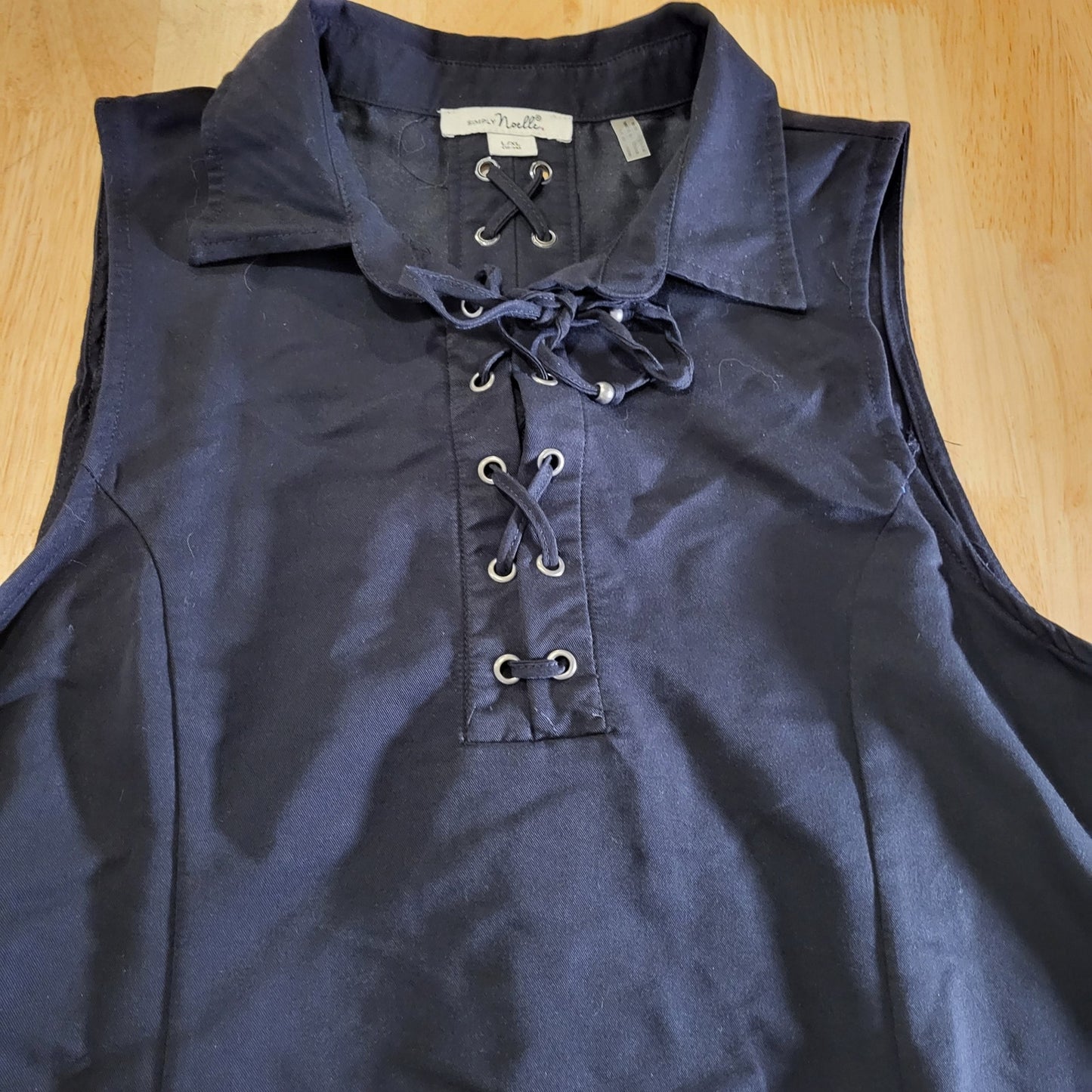 Simply Noelle Black Collared Sleeveless Shirt Dress Laced Detail Pockets L
