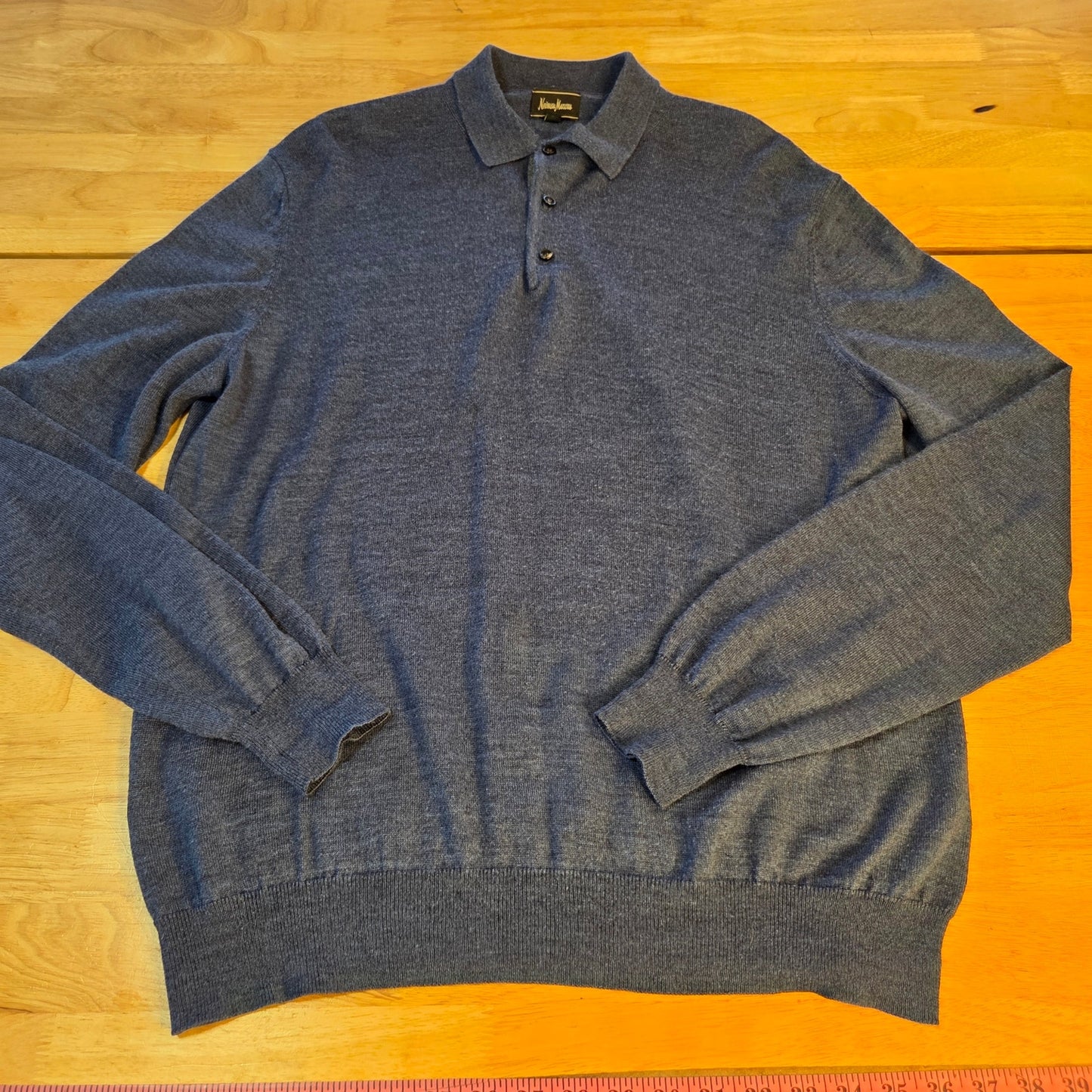Neiman Marcus blue wool blend 3/4 button pullover sweater tight knit large