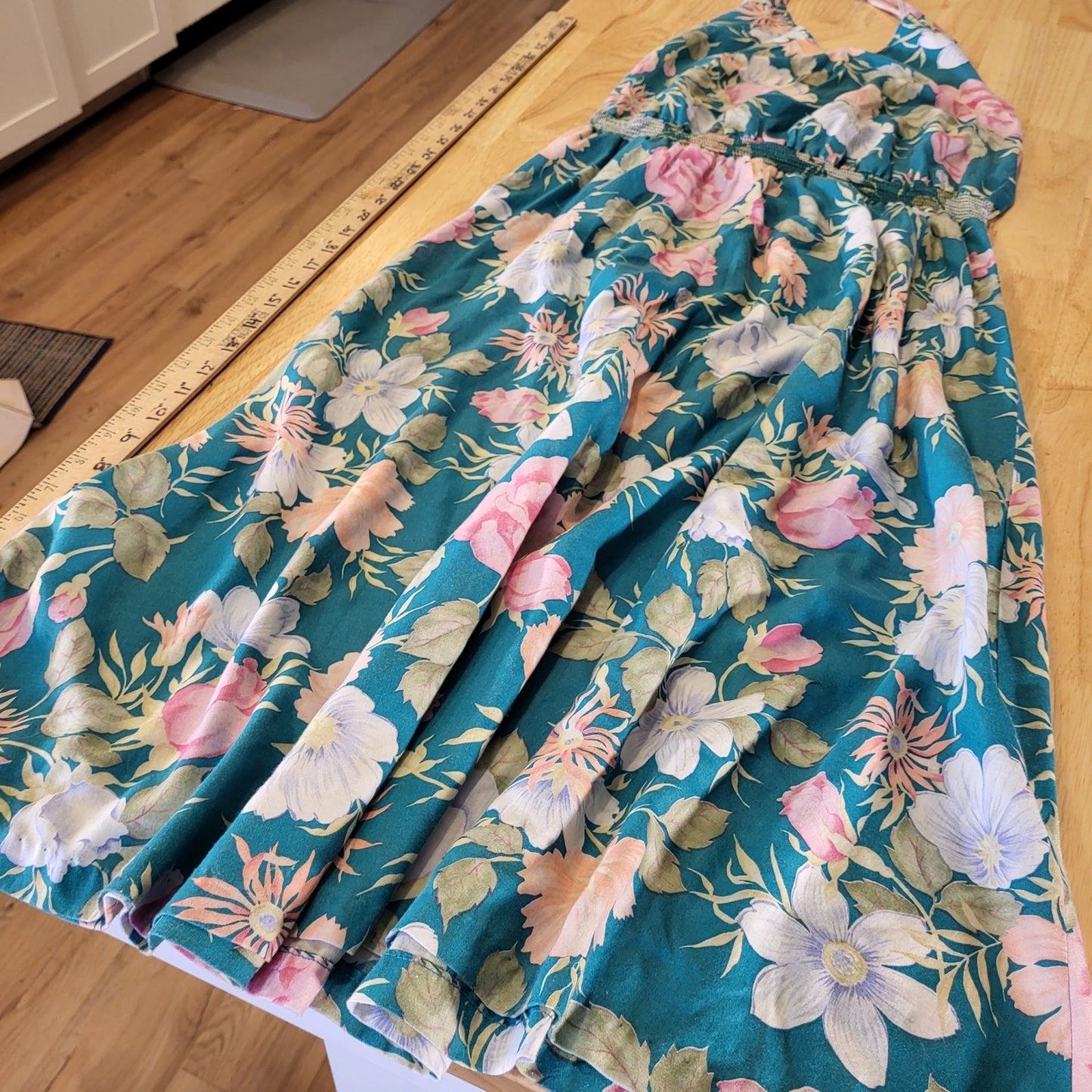 Vintage turquoise Floral halter dress elastic MIDI tie cotton medium