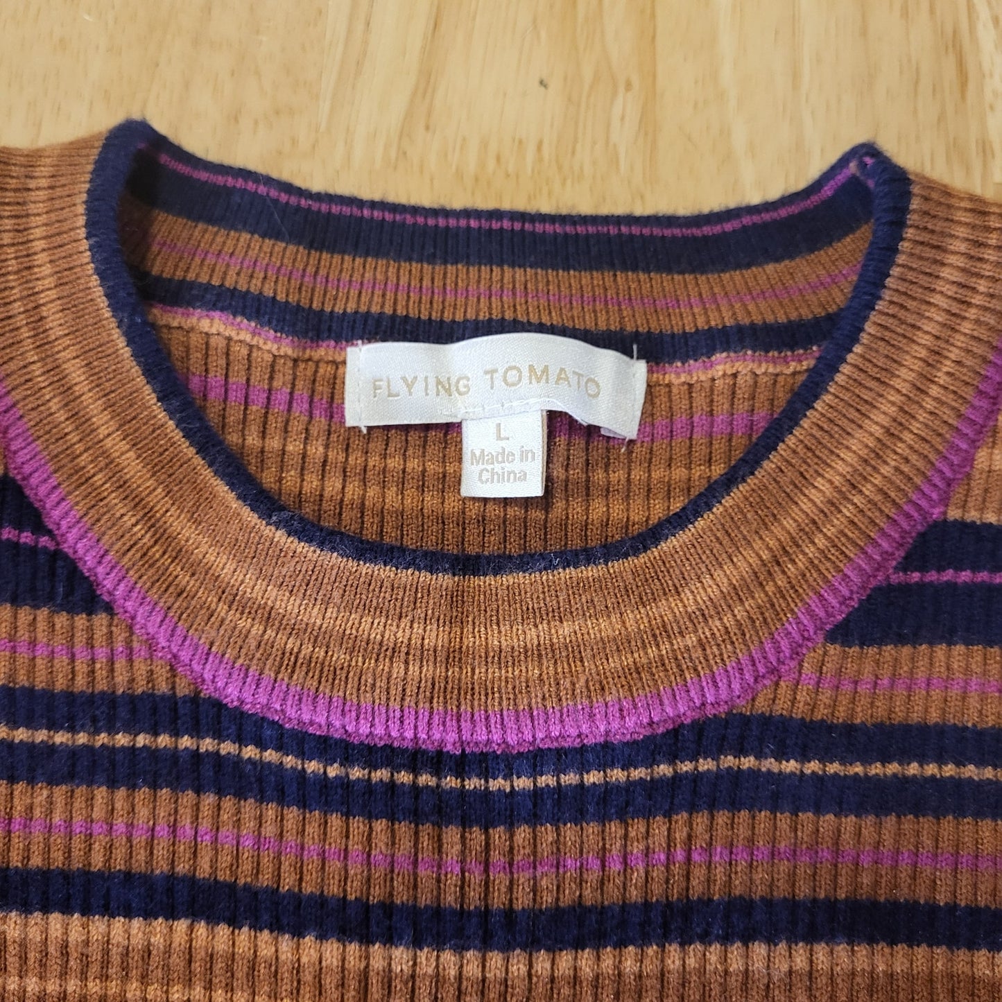 Flying Tomato Retro Orange Purple Striped Sweater Puff Long Sleeve Viscose Large