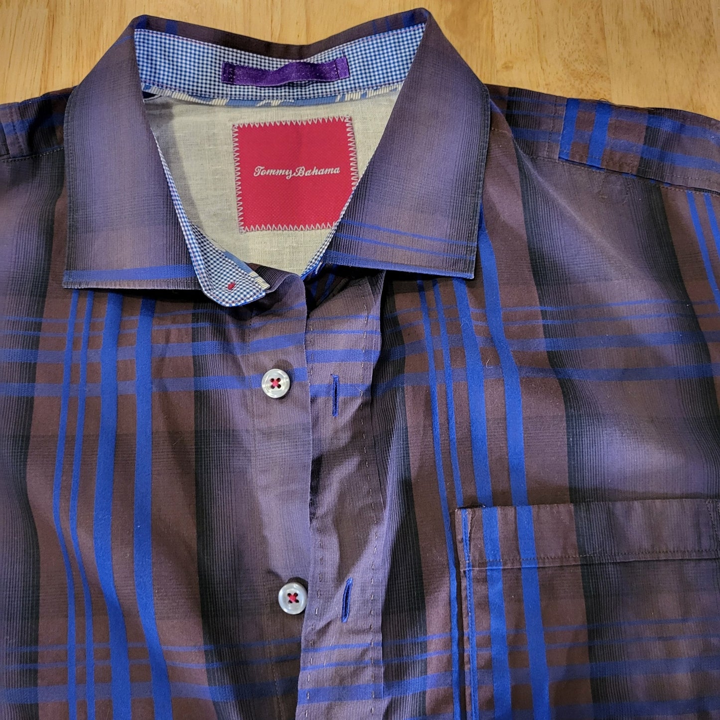 Tommy Bahama Blue Purple Plaid Men's Button Down Collared Contrast Cuff