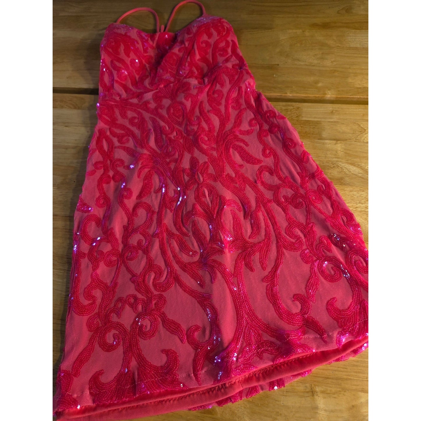 City Vibe neon pink bodycon spaghetti strap lace back dress stretch Mini 7