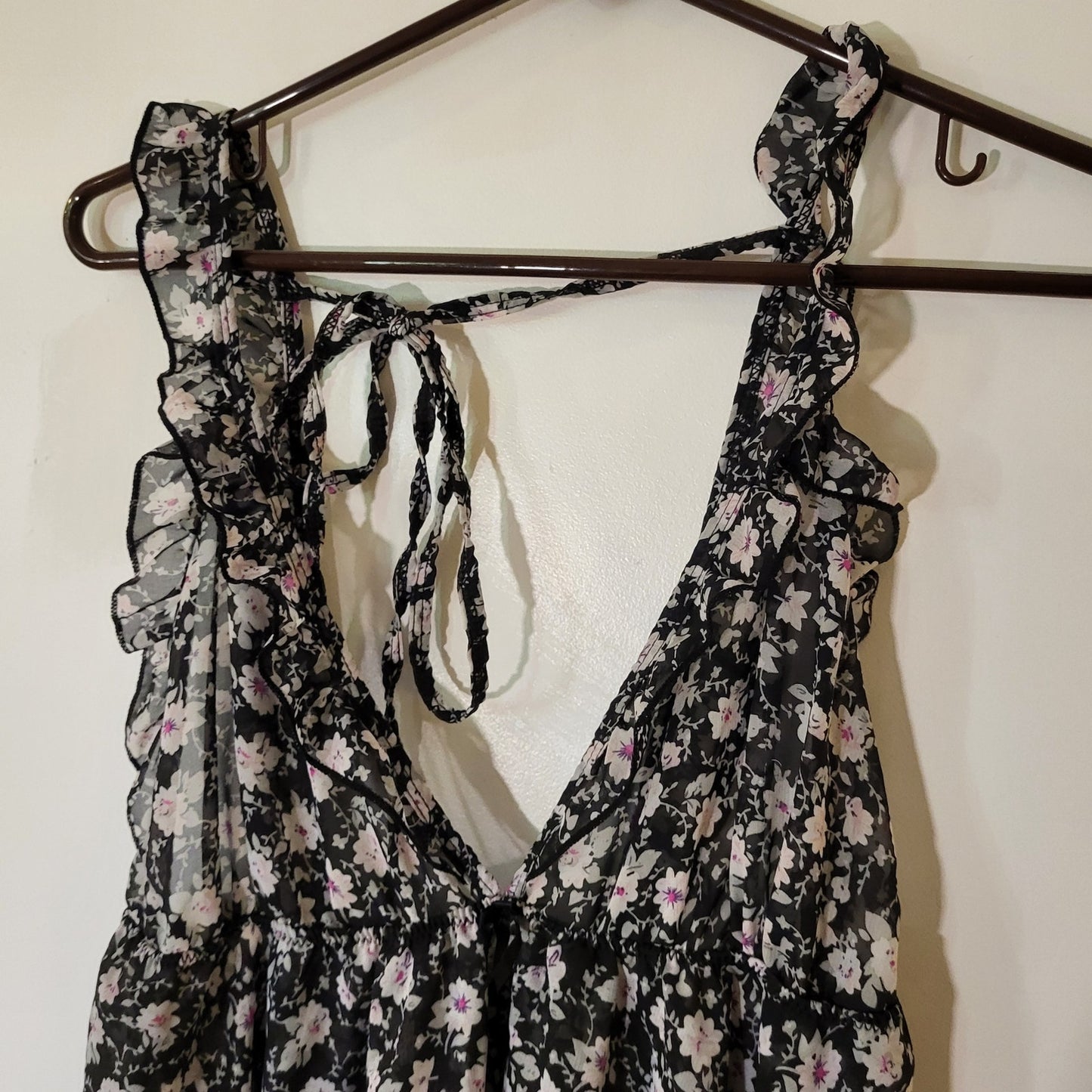 B'Delicious Teddy Dress Black Floral Sleeveless Back Tie Knee Length