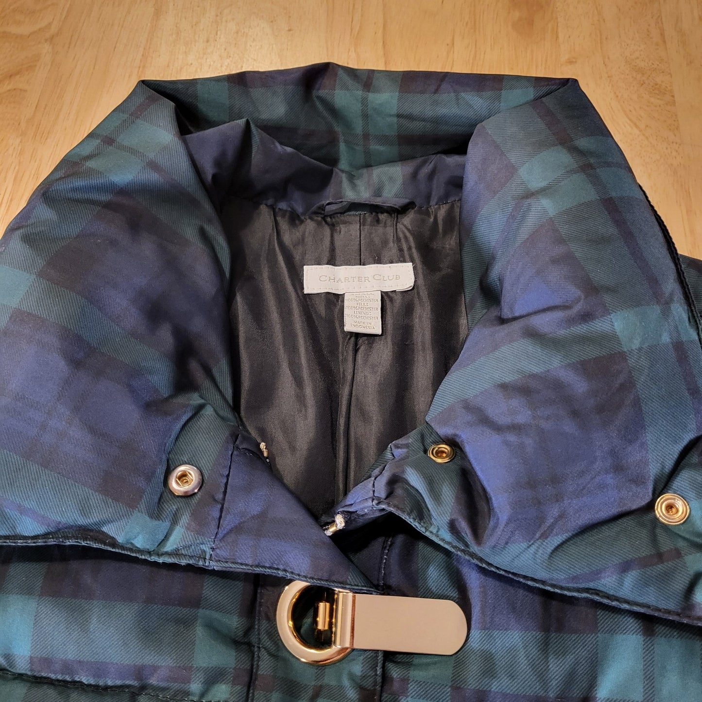 Charter Club Blue Green Plaid Puffer Coat Gold Closures (See slight damage)