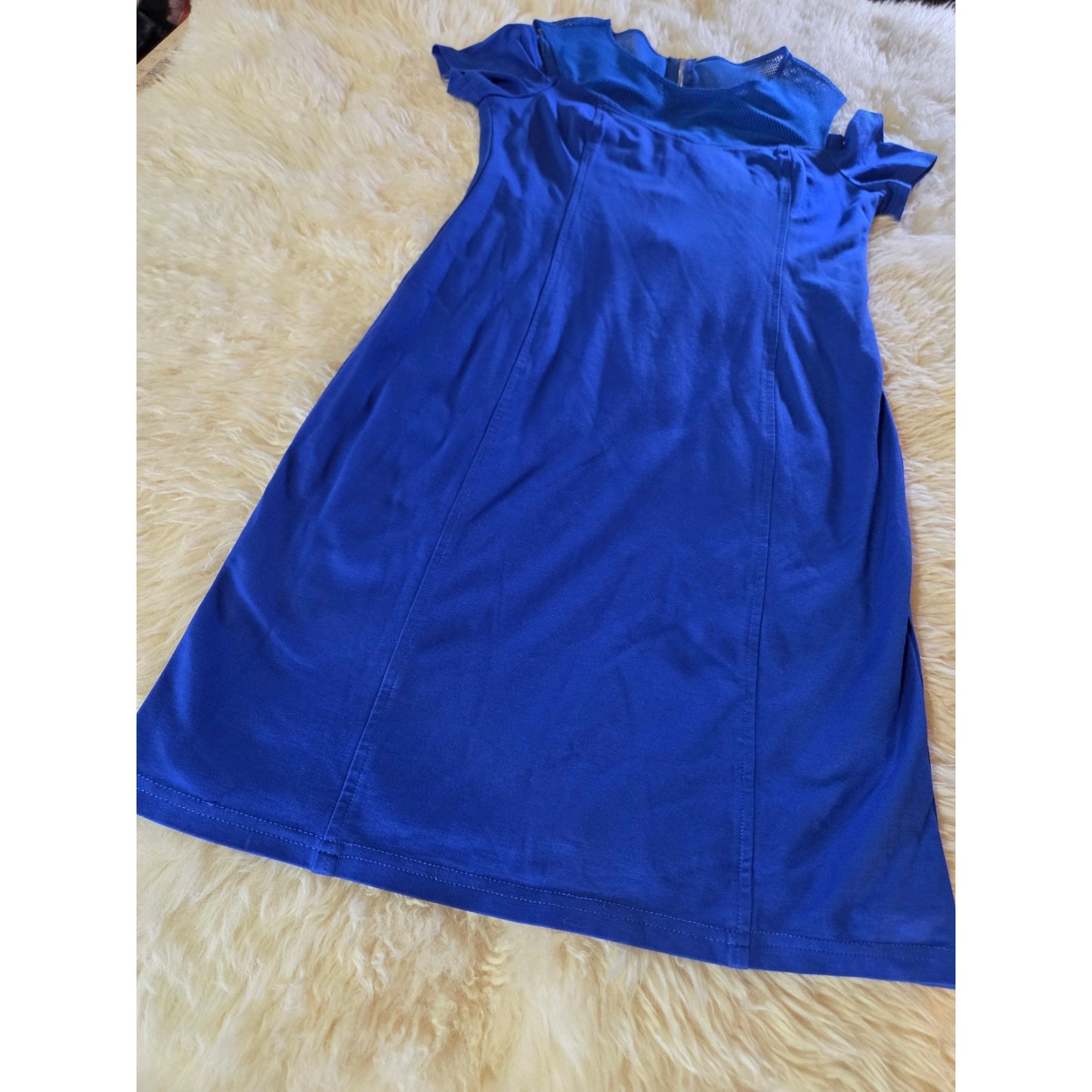 Cartise blue rayon blend jersey knit dress mesh cut out shoulder zipper gold 8