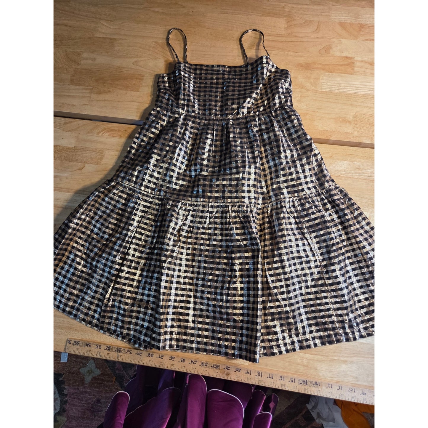 J. Crew Holiday Dress Gold Black Gingham Print Elastic Spaghetti Strap 8