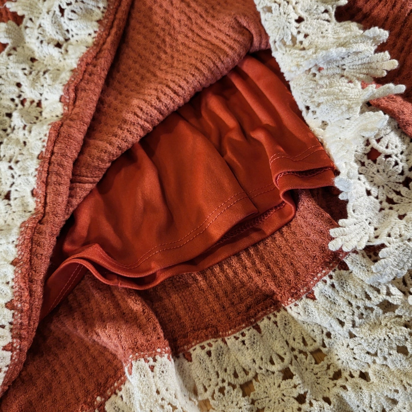 Altar'd State Waffle Knit Orange Rust Sleeveless Knee Turtle Neck Dress Lace Hem