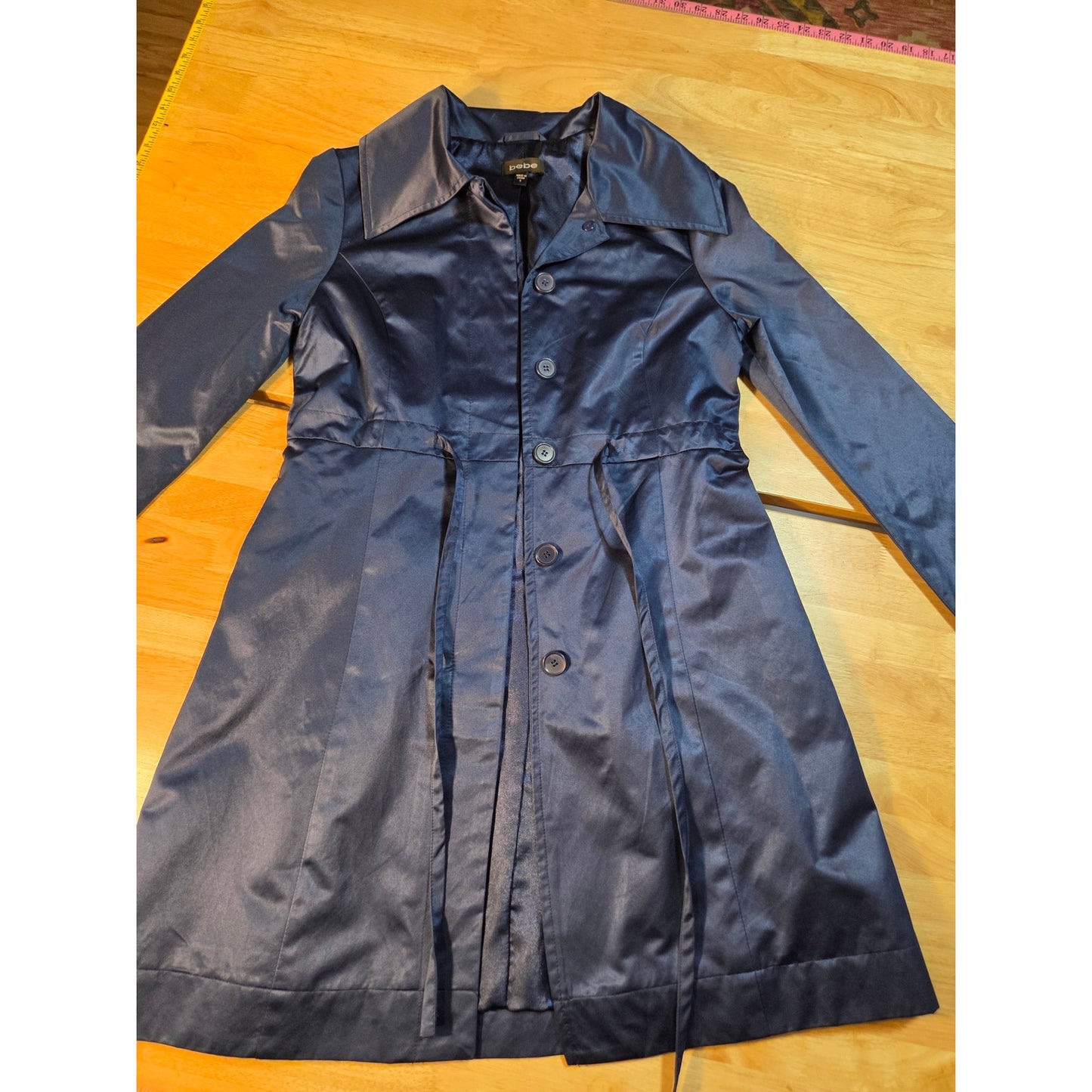 Bebe navy blue double breasted wide collar knee length Overcoat satin size sml