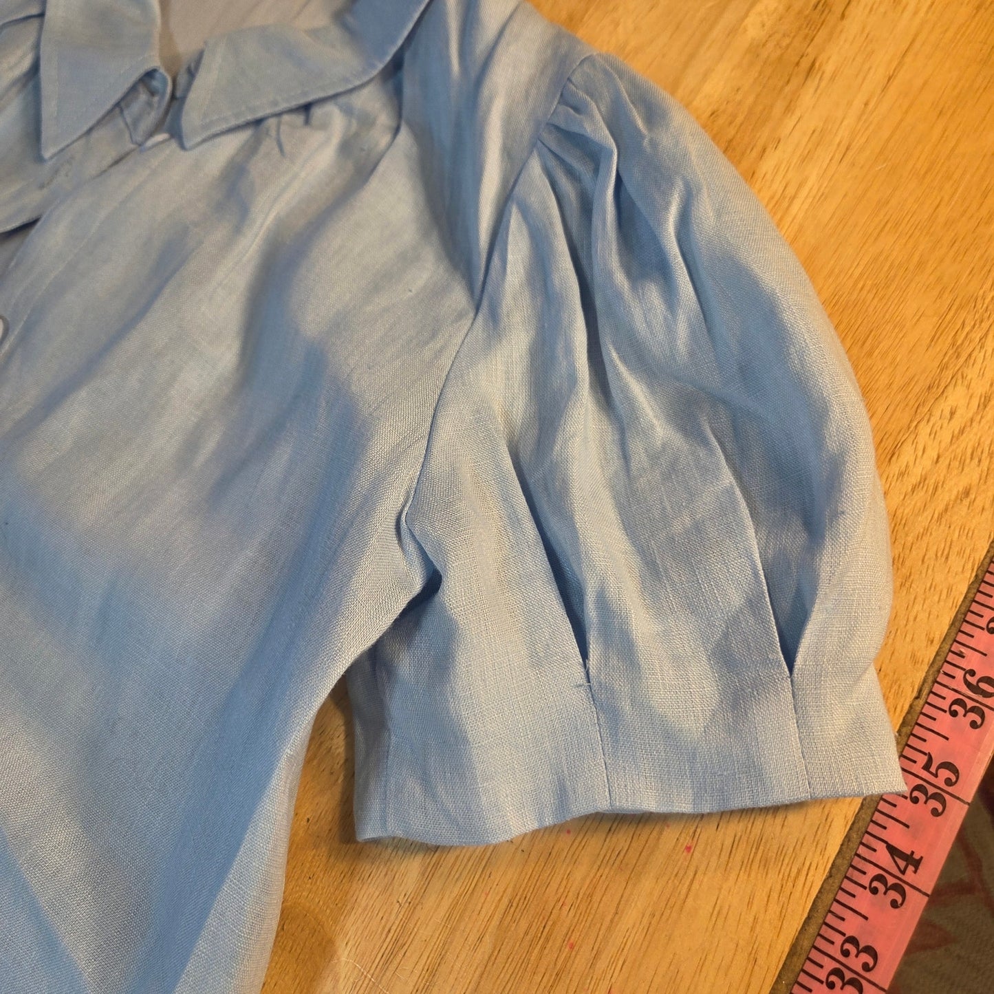 DolceCabo fully lined blue linen puff sleeve collared shirt dress mini 20" p2p