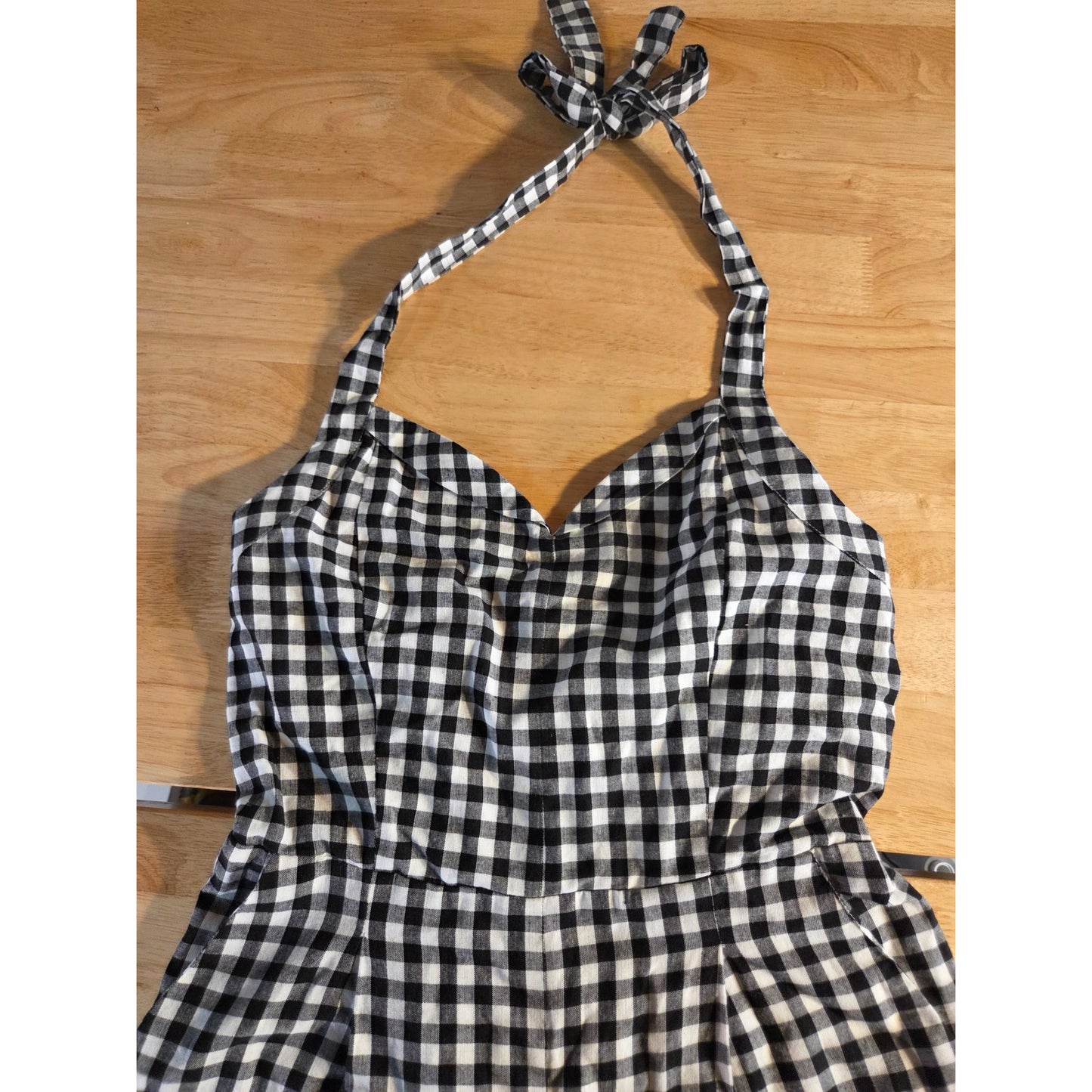 Boston Proper Black & White Gingham Sleeveless Princess Neckline Linen Jumpsuit