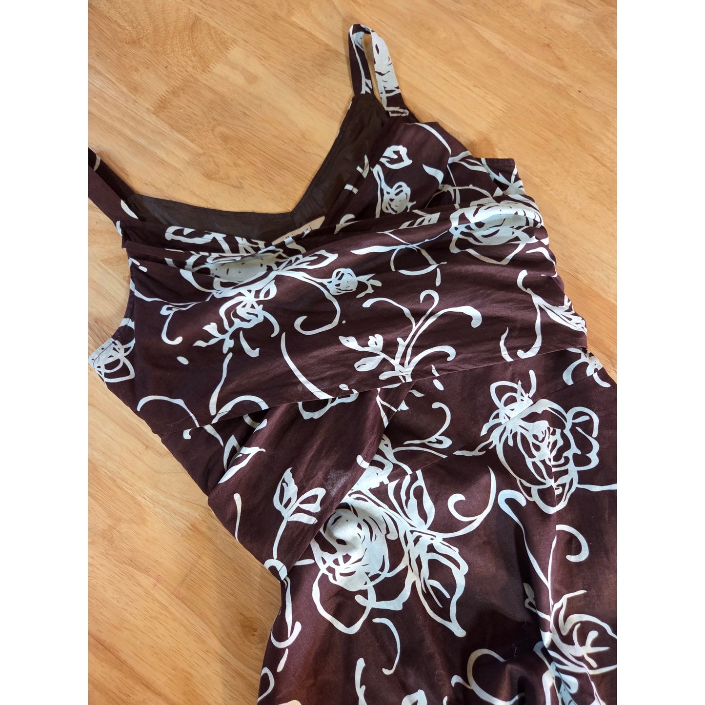 Biacci 100% cotton brown and blue floral sleeveless v-neck dress fully lined tie
