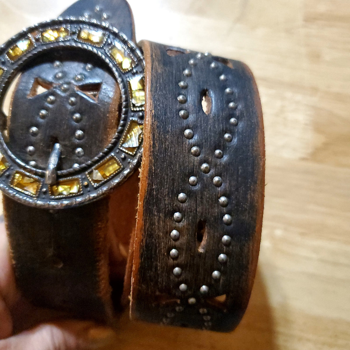 Rhinestone Studded Belt Buckle Yellow Belt Bohemian Faux Leather 40"