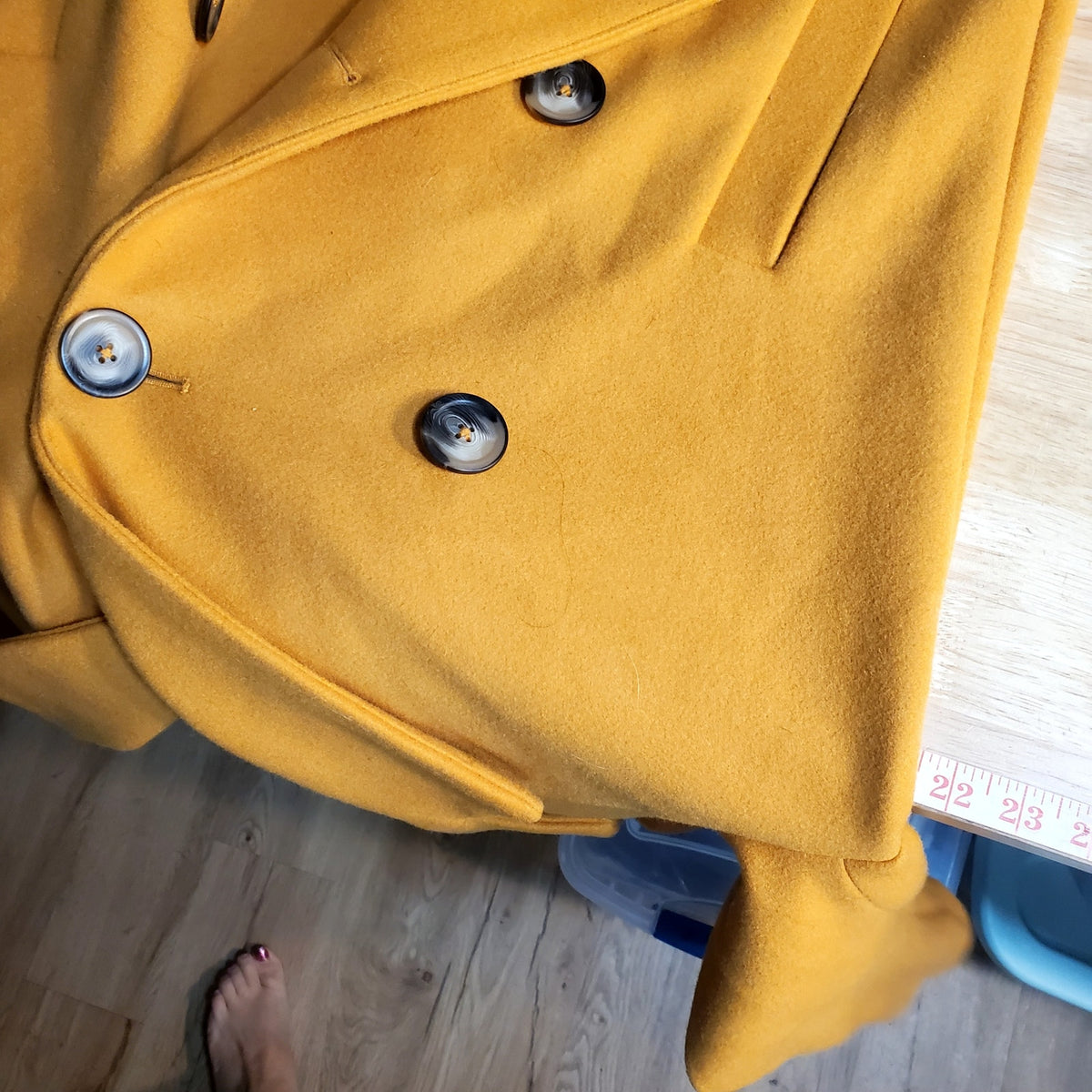River Island Mustard Yellow Wool Blend Pea Coat Black Buttons Medium