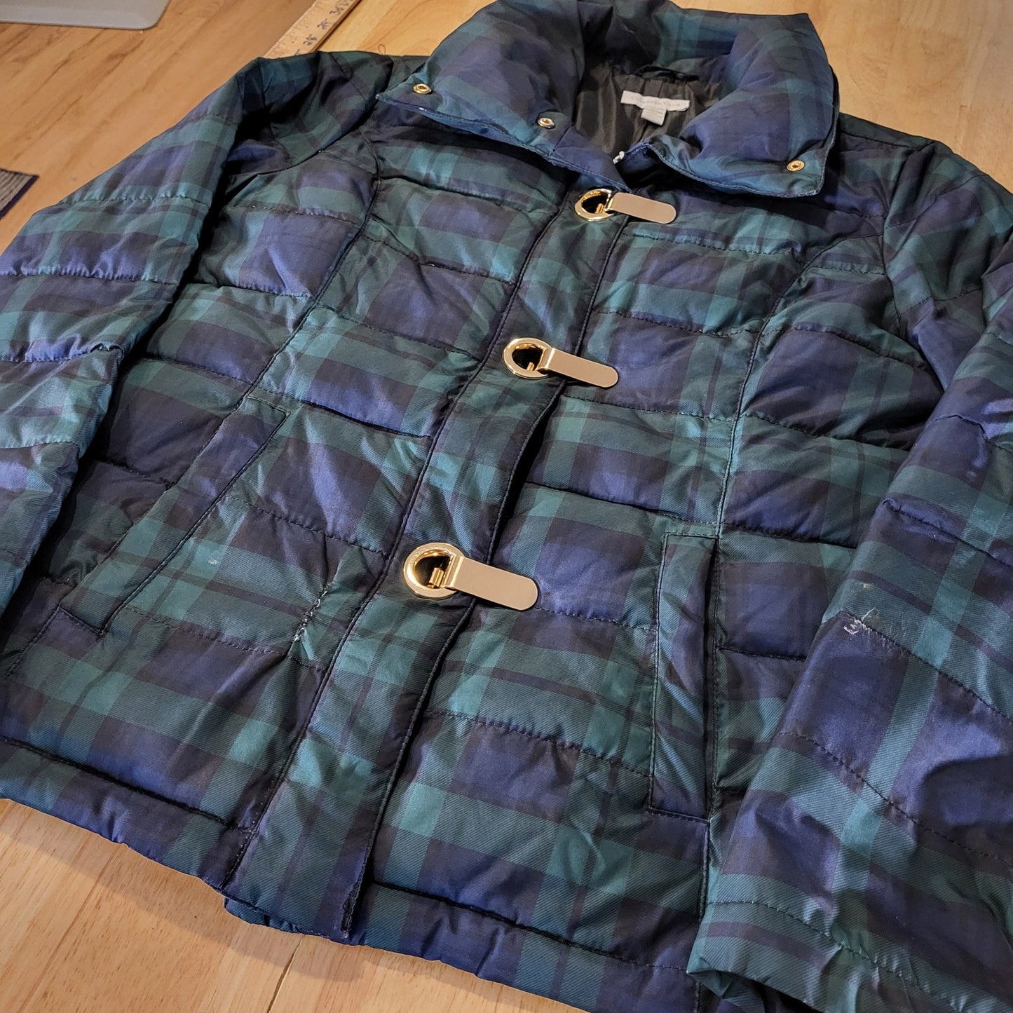 Charter Club Blue Green Plaid Puffer Coat Gold Closures (See slight damage)