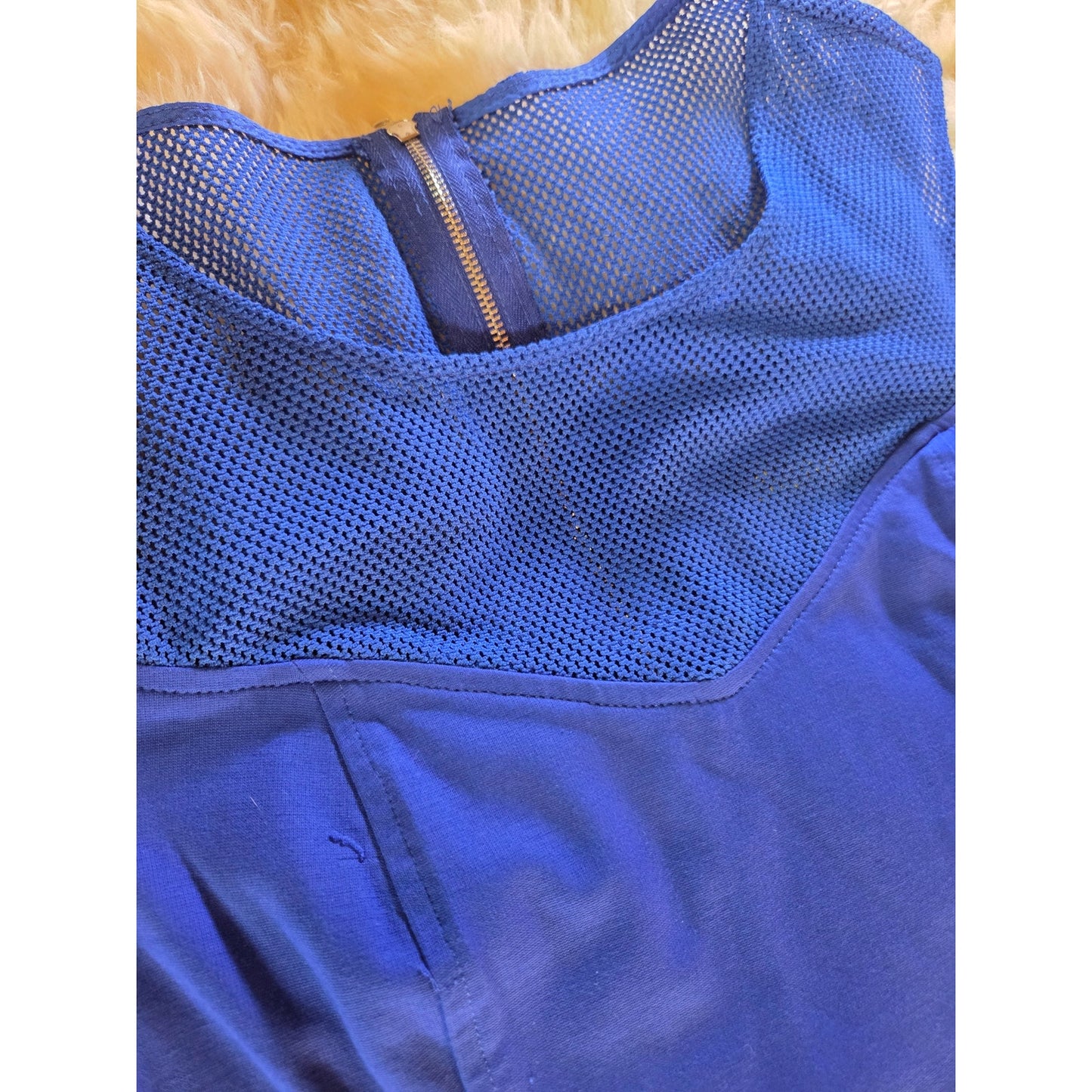 Cartise blue rayon blend jersey knit dress mesh cut out shoulder zipper gold 8
