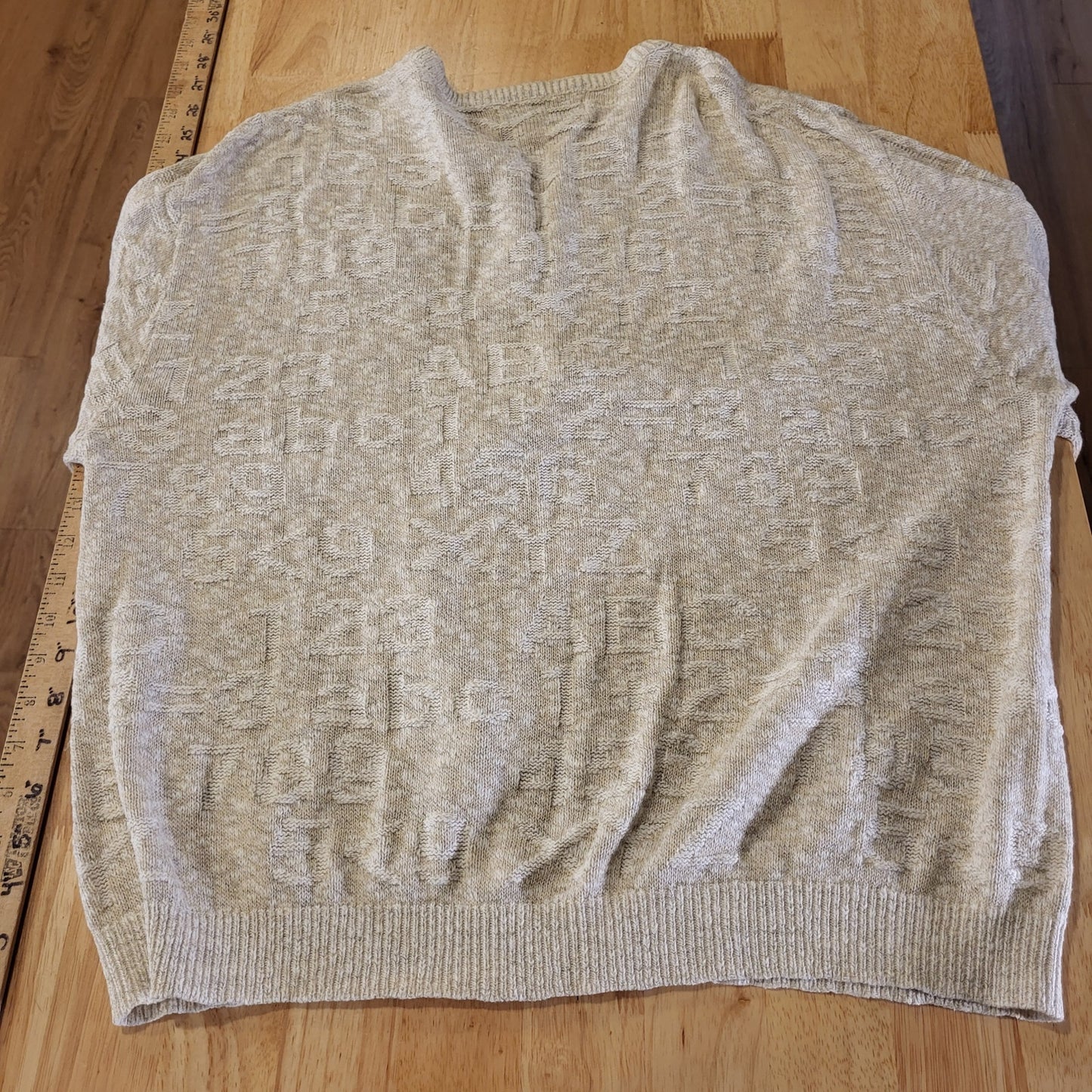 Vintage Teacher Alphabet Embossed Sweater Beige Embroidered Cardigan USA Made L