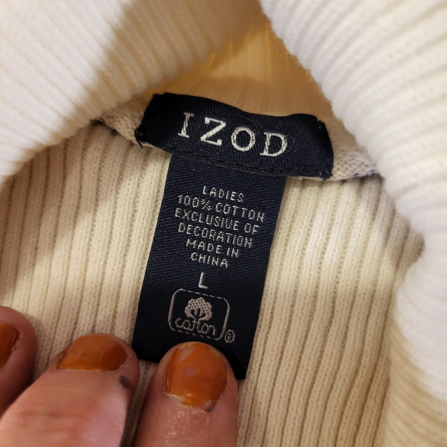 Izod Cotton White Blue Striped Wave Turtle Neck Sweater Large