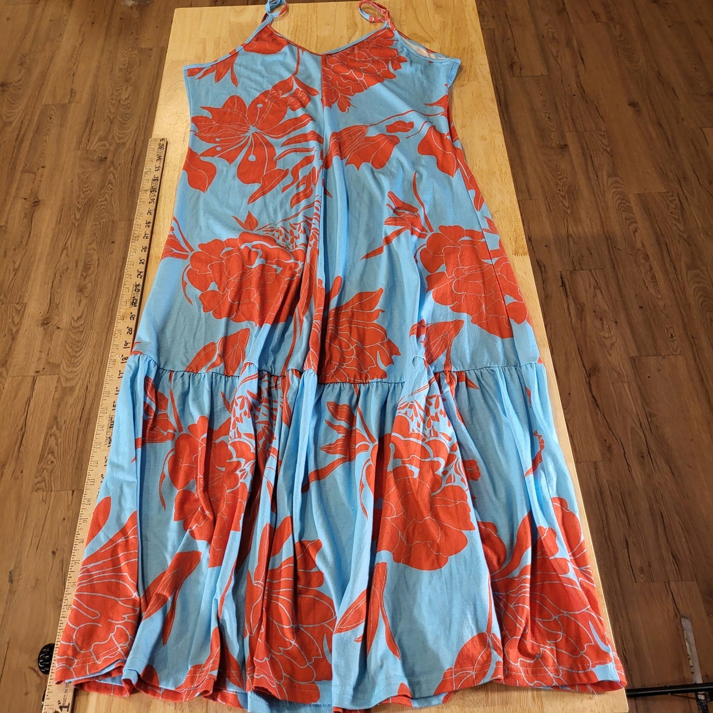 Noracora Orange Blue Floral Jersey Maxi Spaghetti Strap Dress Adjustable XL