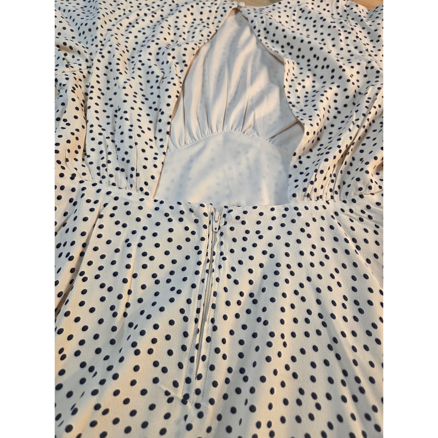 GB brand white polka dot flutter sleeve open back knee length dress size large