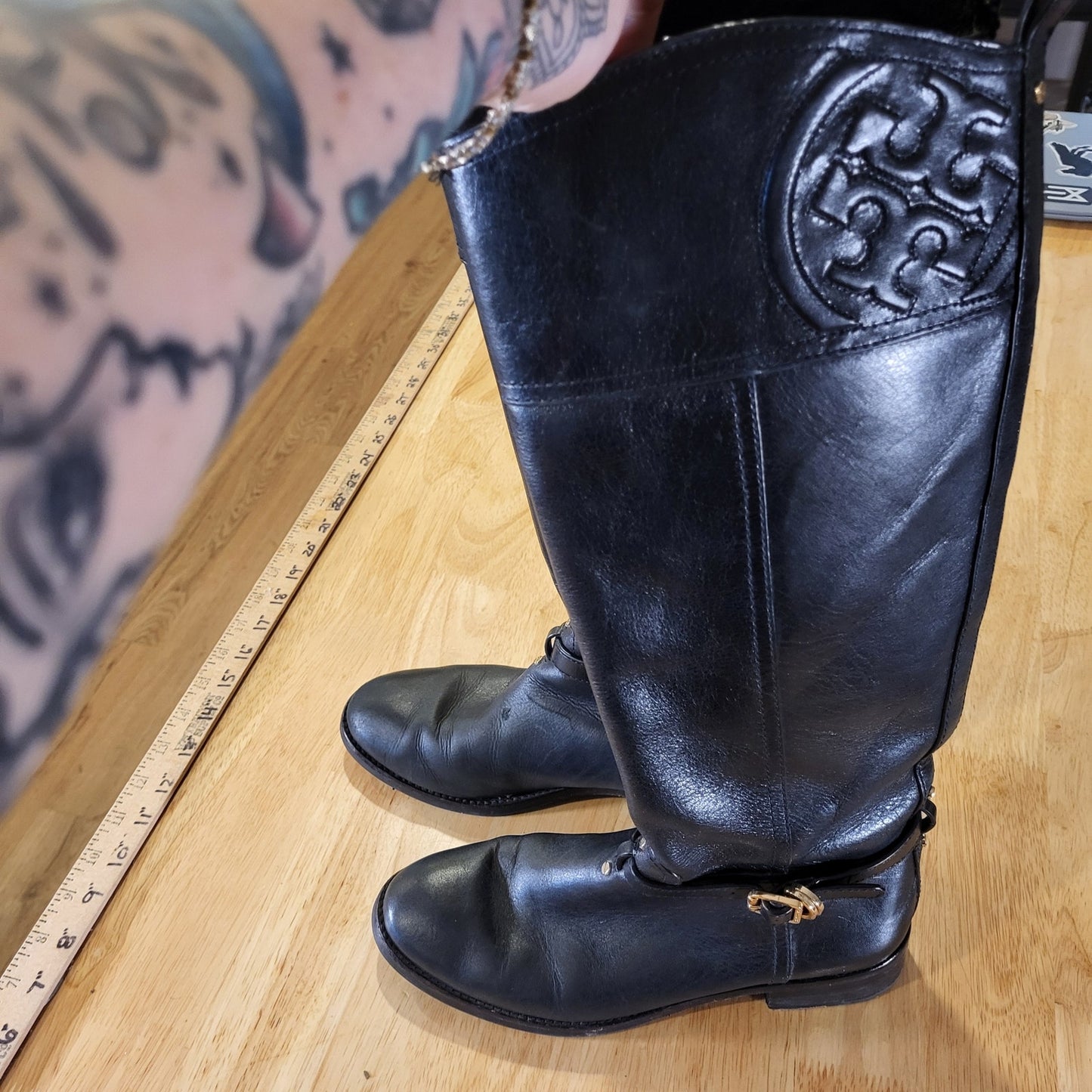 Tory Burch Black Leather Riding Boots Gold Hardware Embossed Stitched 8M
