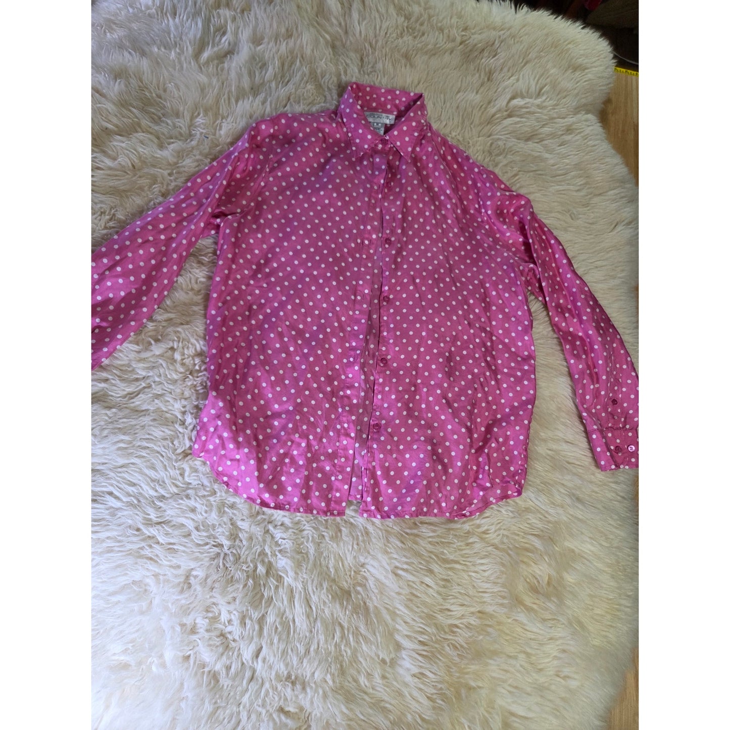 Vintage Jones New York Country PINK 100% Silk Polka dot Blouse Collared M
