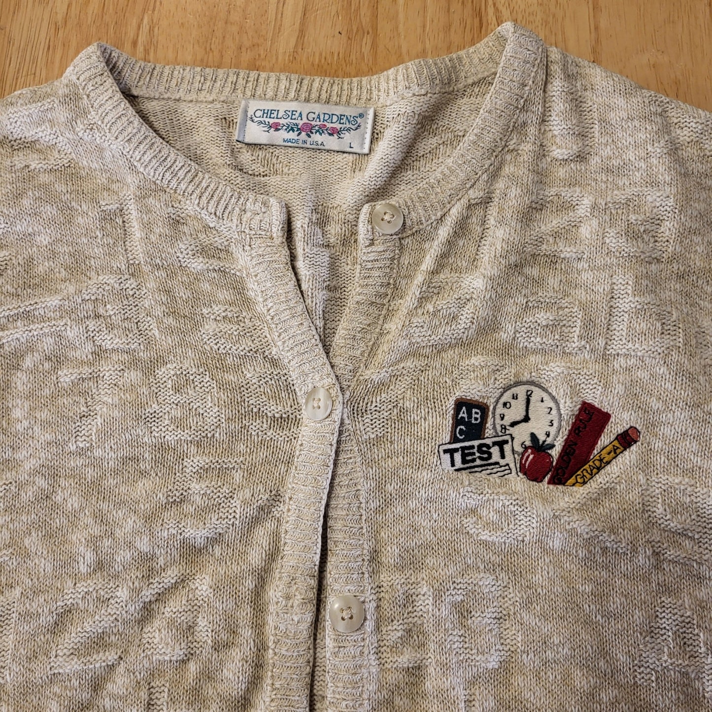 Vintage Teacher Alphabet Embossed Sweater Beige Embroidered Cardigan USA Made L