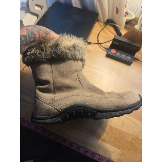 LL Bean khaki suede winter boots faux fur lined Rubber Sole zip side 8 medium