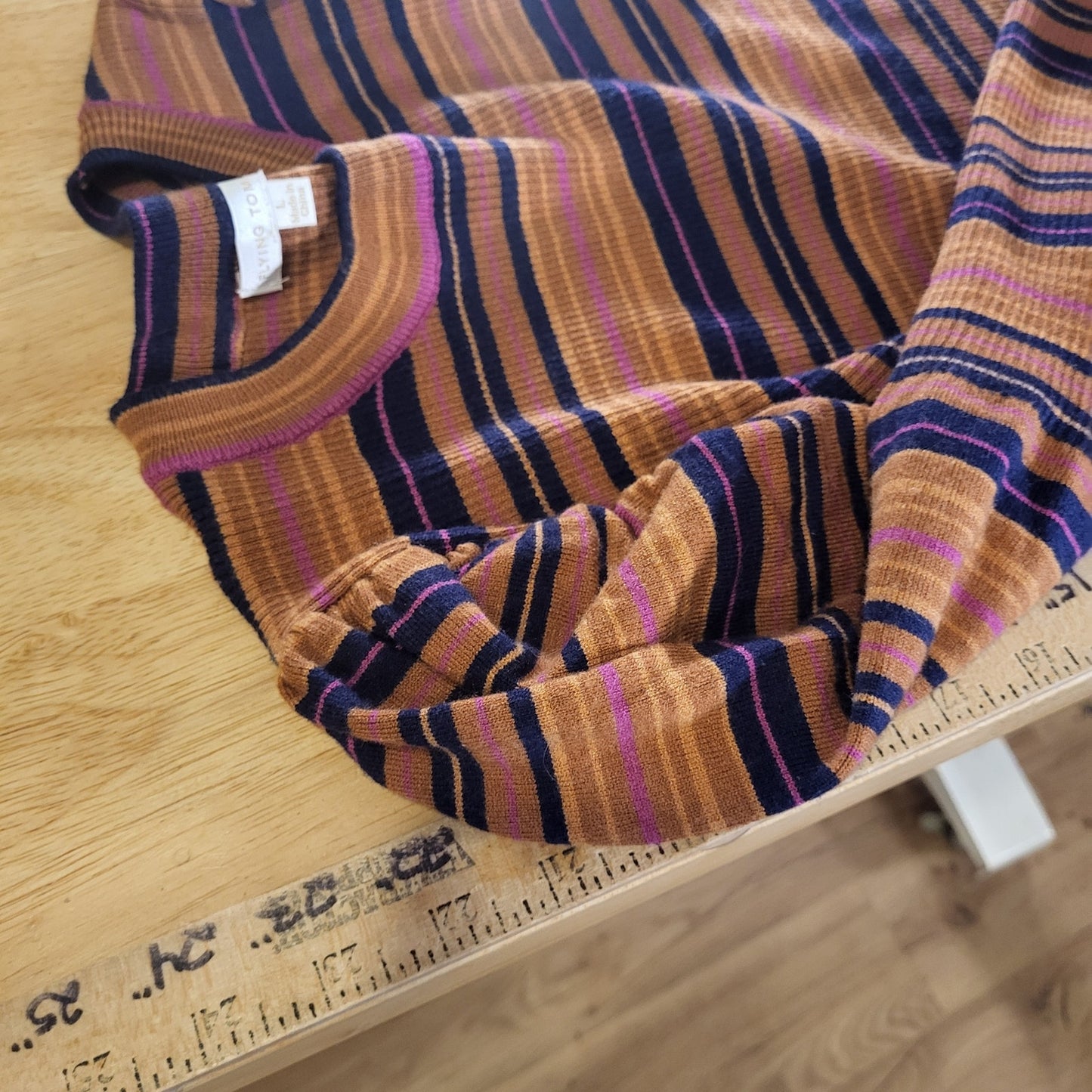 Flying Tomato Retro Orange Purple Striped Sweater Puff Long Sleeve Viscose Large
