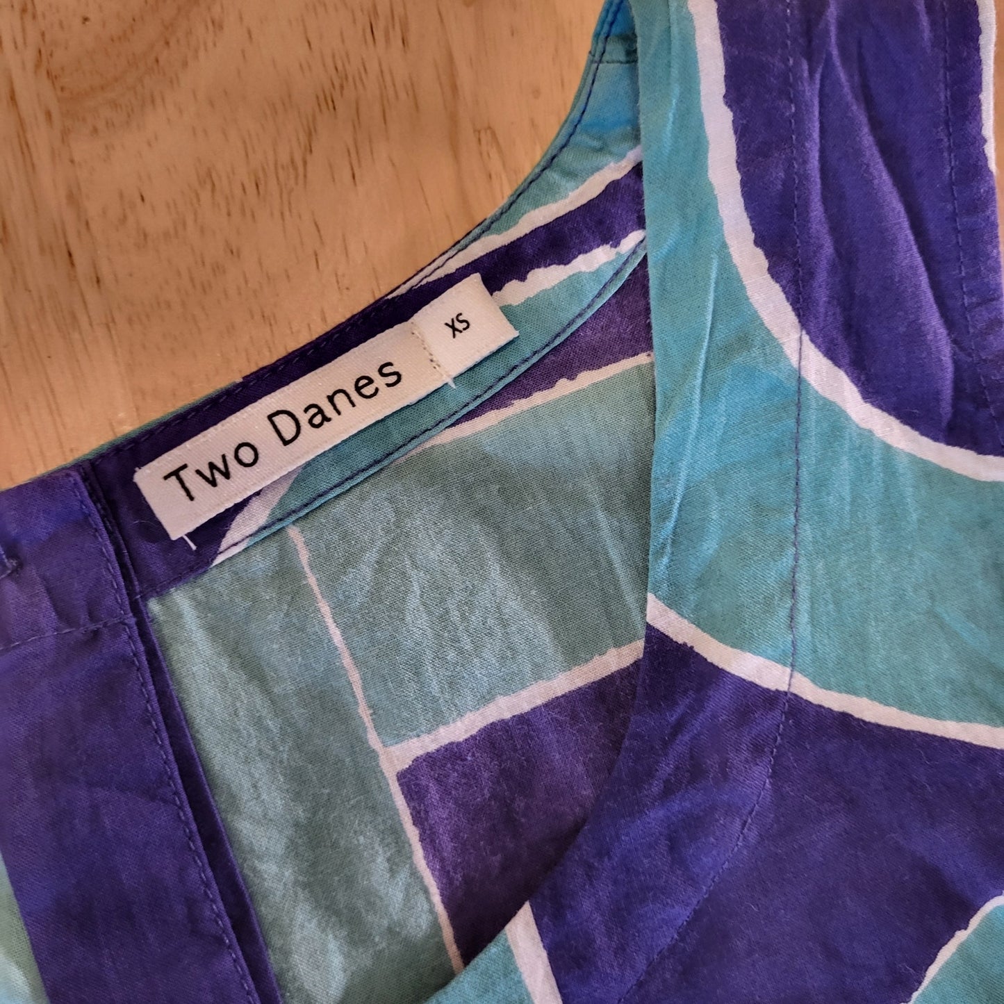 Two Danes Cotton Sleeveless Midi Pocket Blue Geometric Print Button Back xs