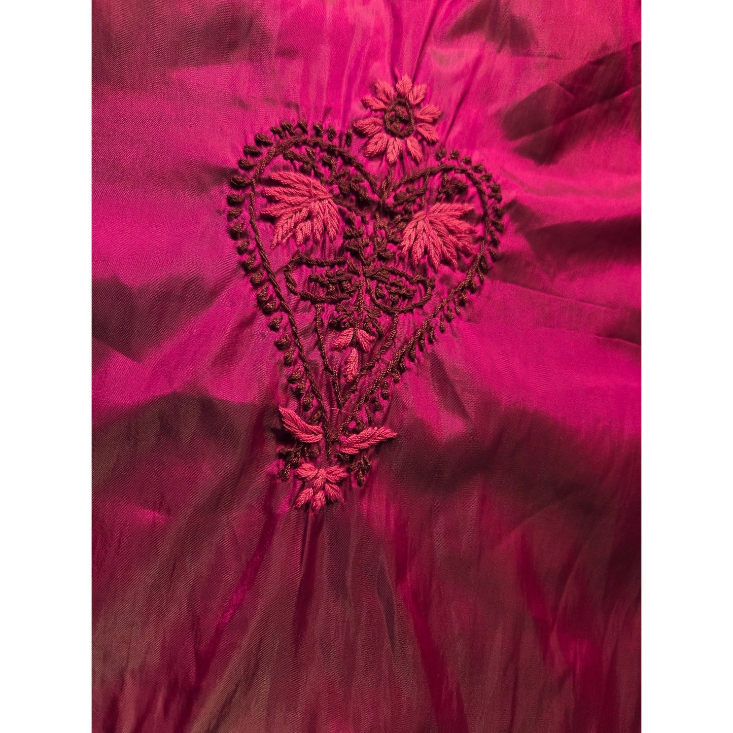 Satin hand Embroidered Iridescent Pink Heart Floral Motif Large Long Sleeve