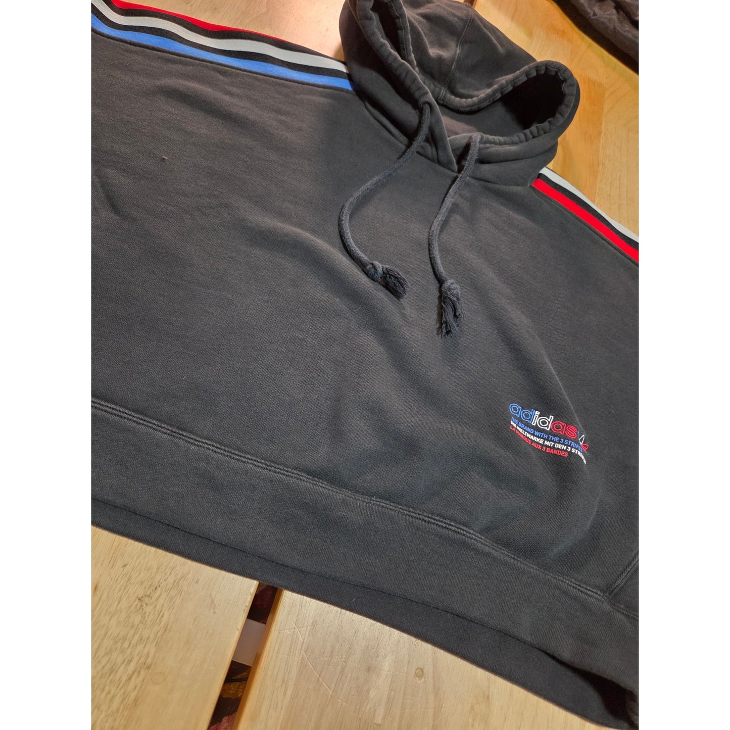 Adidas Originals navy blue cropped hoodie red white and blue logo embroidery L