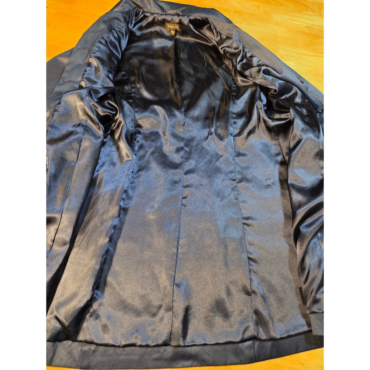 Bebe navy blue double breasted wide collar knee length Overcoat satin size sml