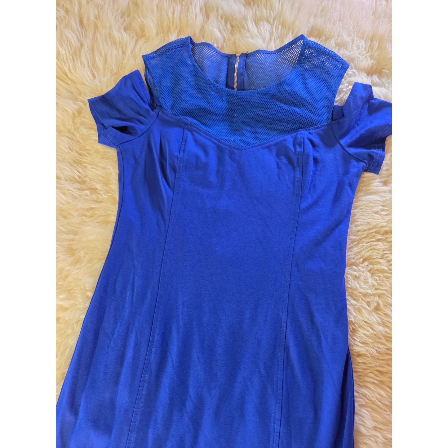 Cartise blue rayon blend jersey knit dress mesh cut out shoulder zipper gold 8