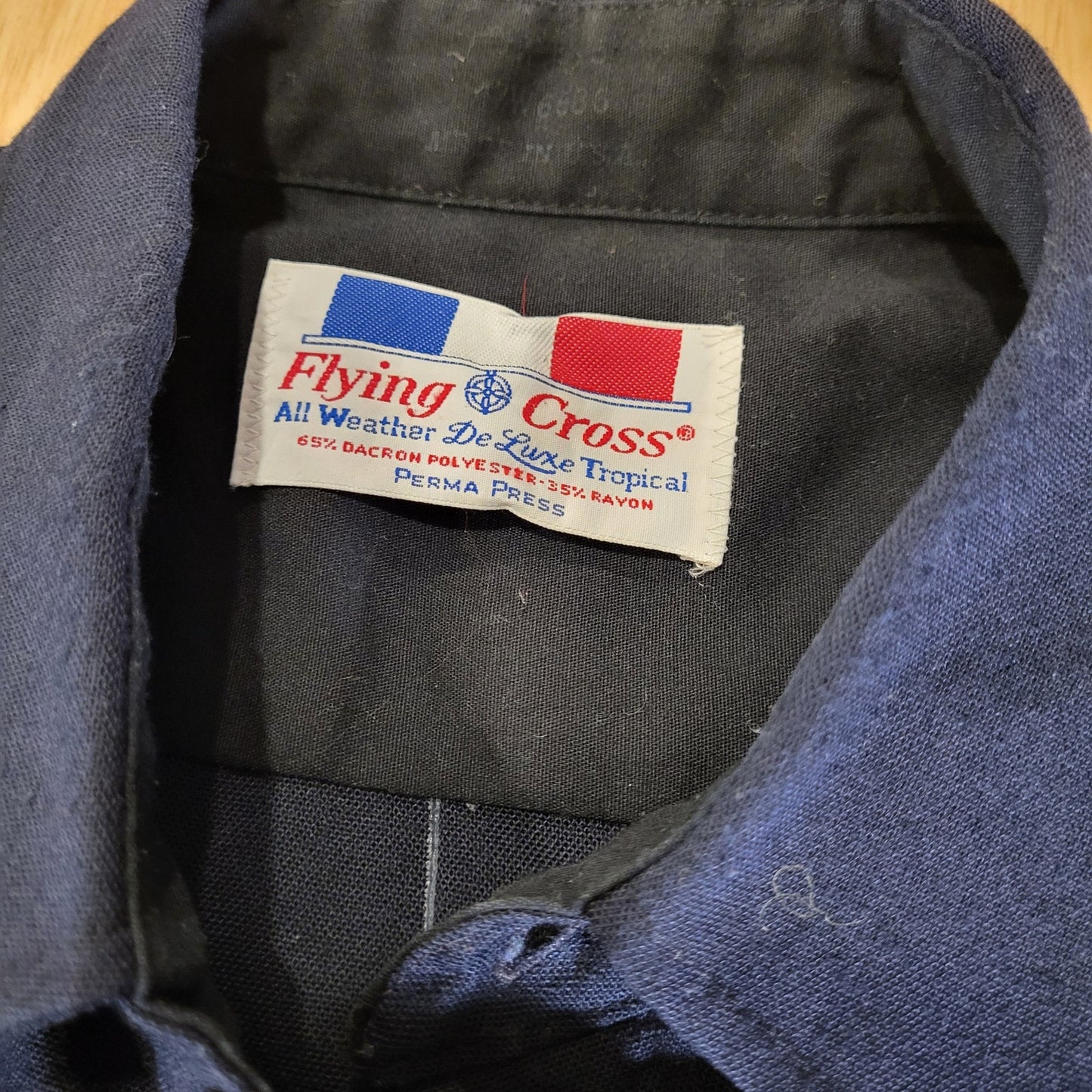 Vintage Flying Cross Dacron Rayon Blend Navy Blue Faux Button Zip 26" P2P