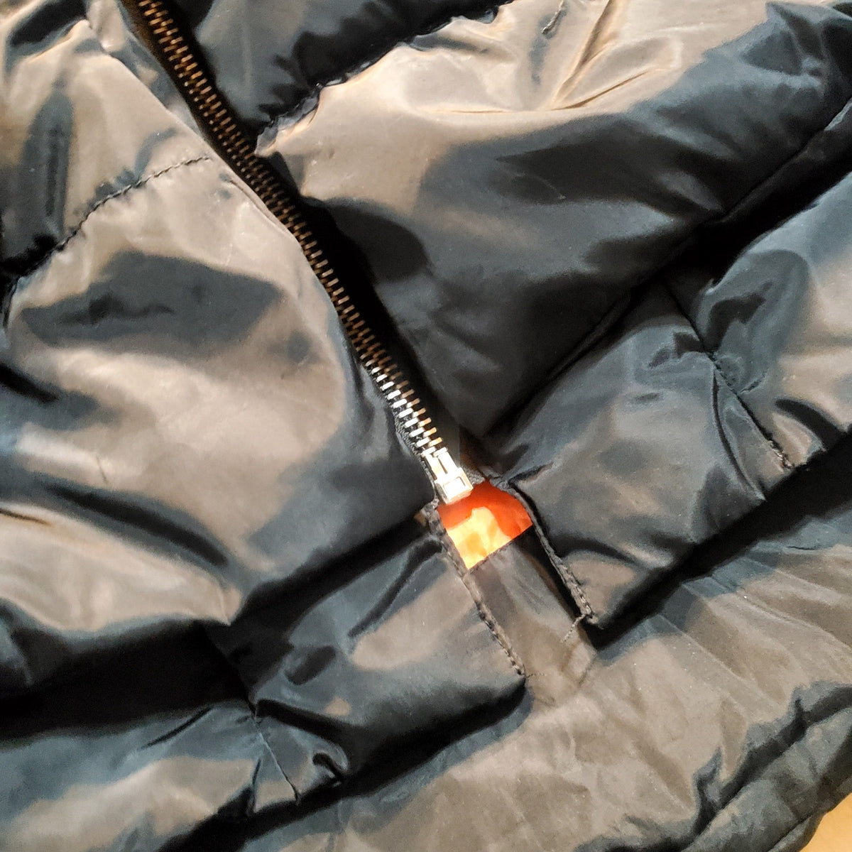 Ci Sono Black Viral Puffer Jacket Orange lining Shearling Hood Silver Zip Large