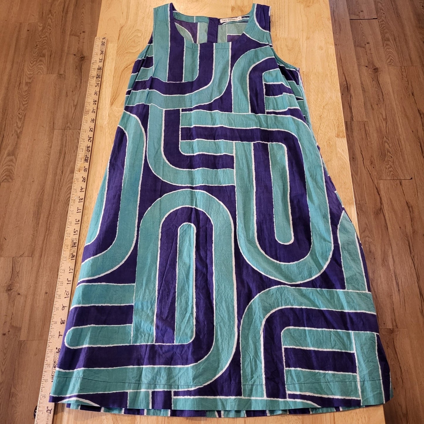 Two Danes Cotton Sleeveless Midi Pocket Blue Geometric Print Button Back xs