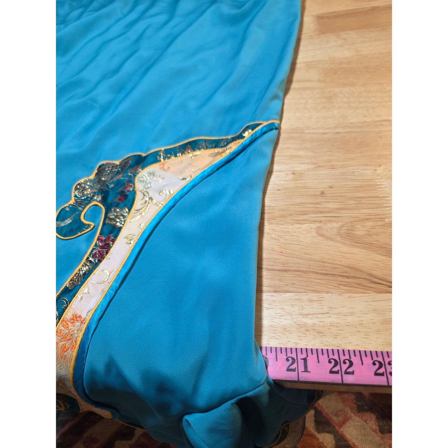 Turquoise blue Chinese traditional dress cap sleeve ornamental trim detail small