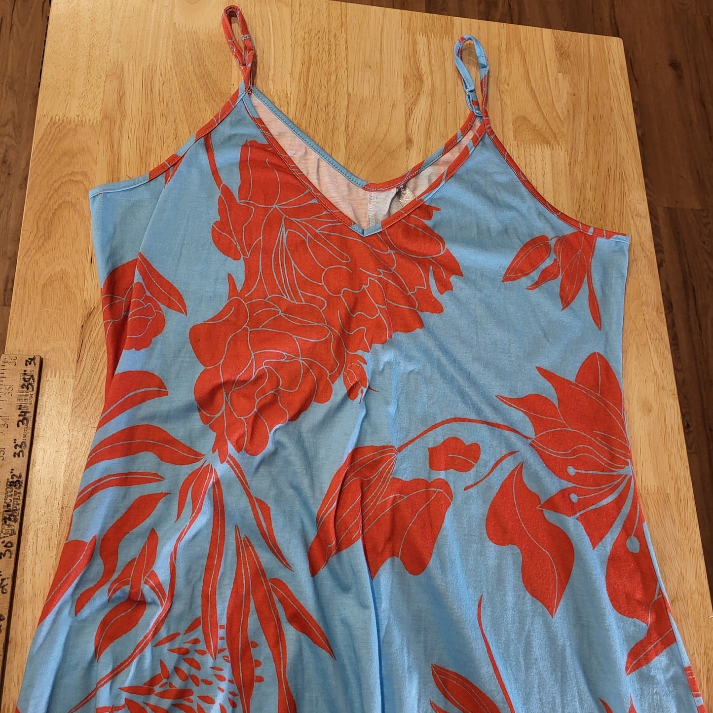 Noracora Orange Blue Floral Jersey Maxi Spaghetti Strap Dress Adjustable XL