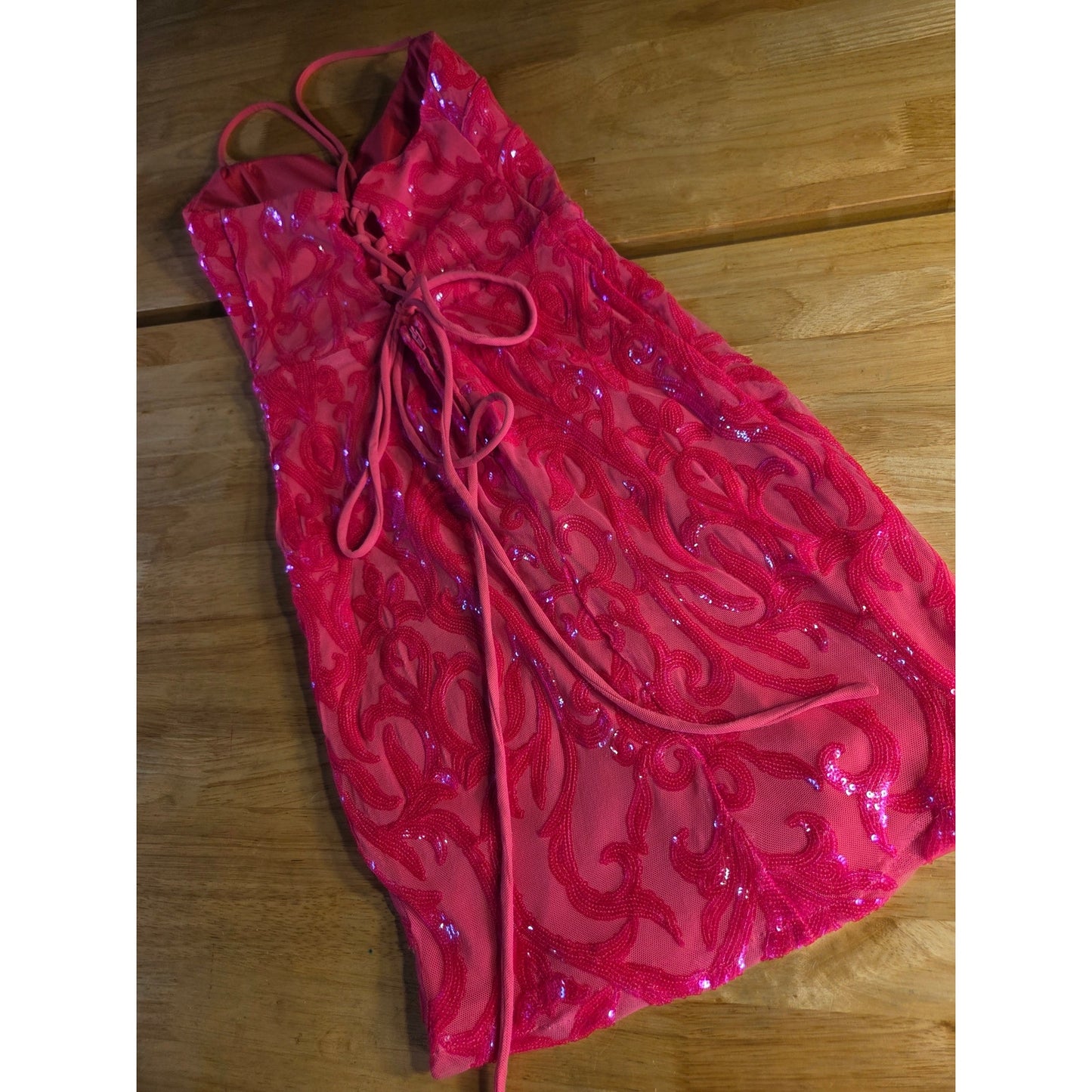City Vibe neon pink bodycon spaghetti strap lace back dress stretch Mini 7